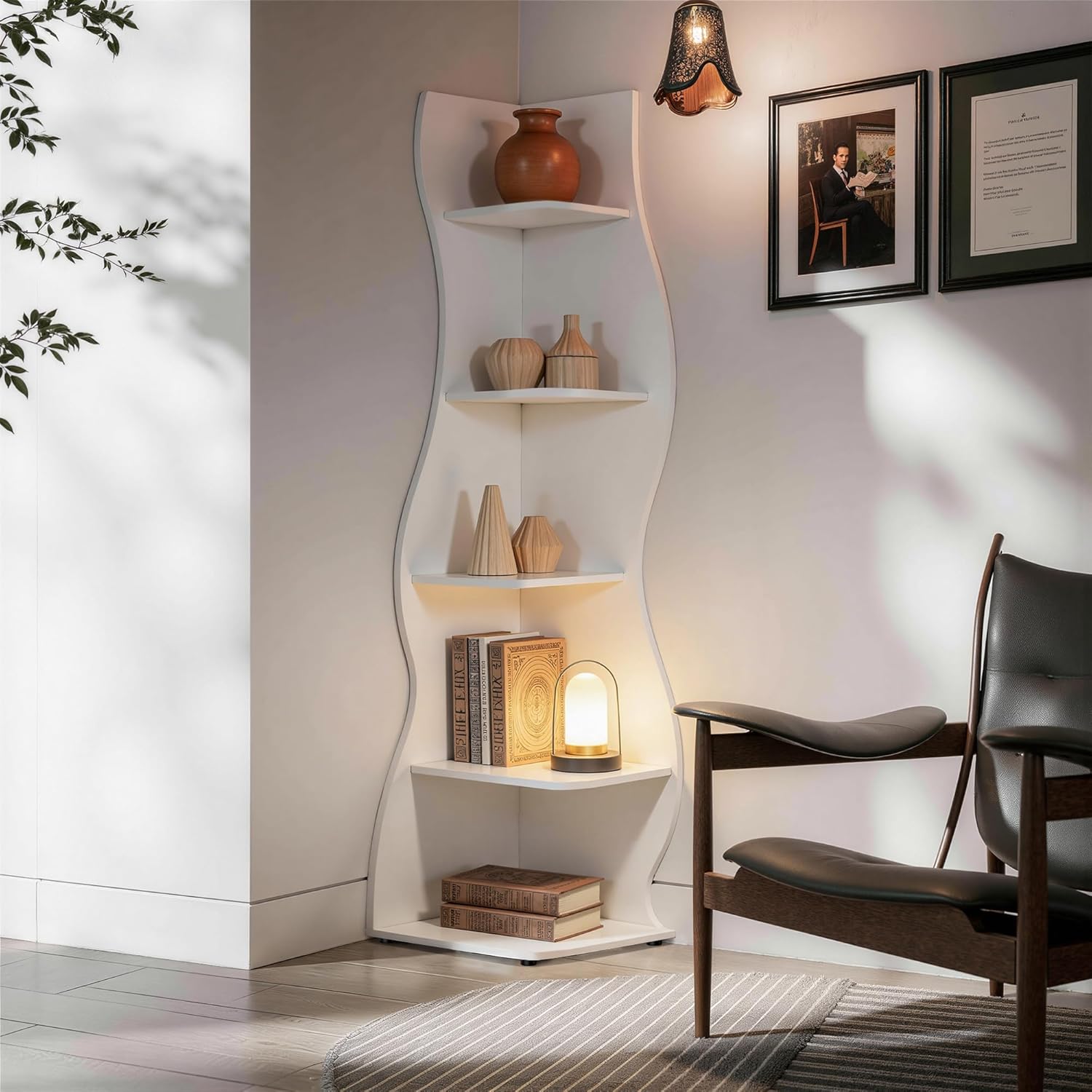VECELO Wavy Corner Shelf, Decorative 5-Tier Storage Bookshelf