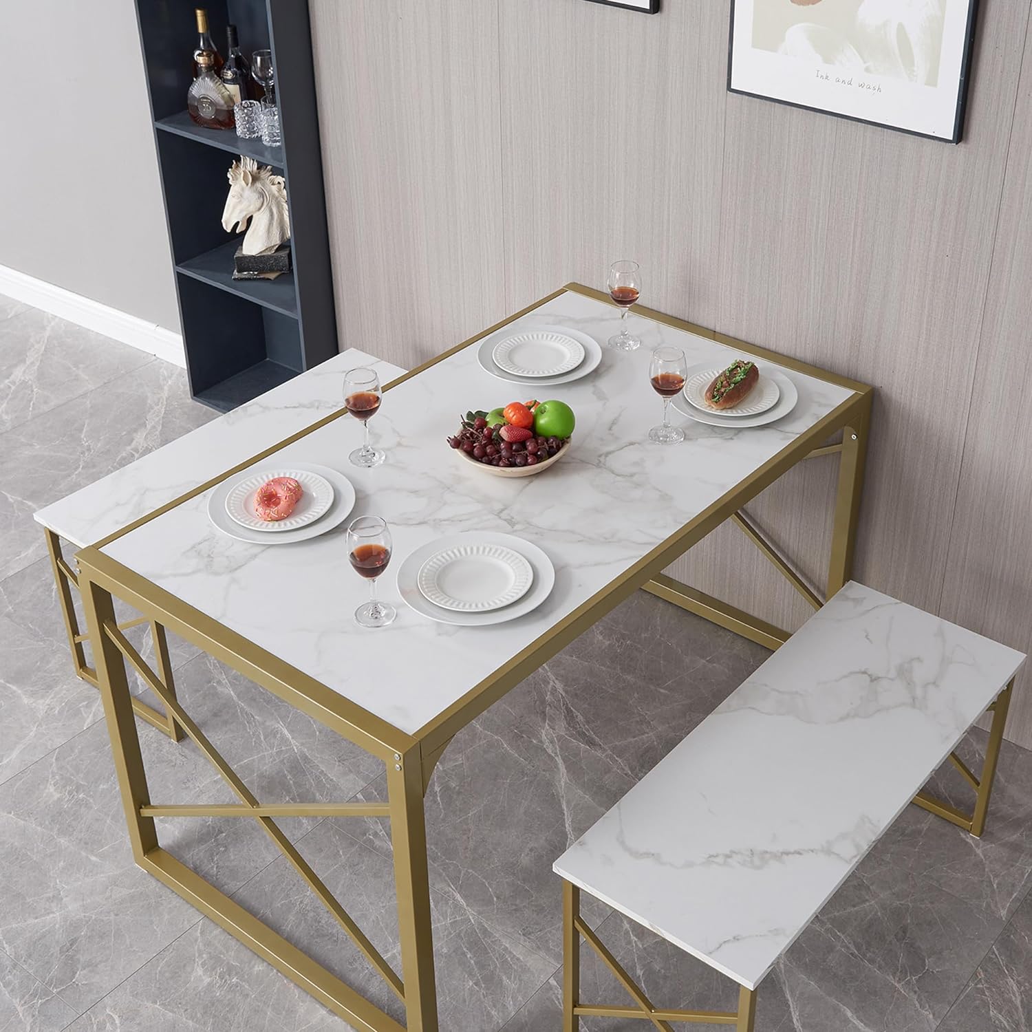 VECELO Kitchen Table with 2 Benches for 4