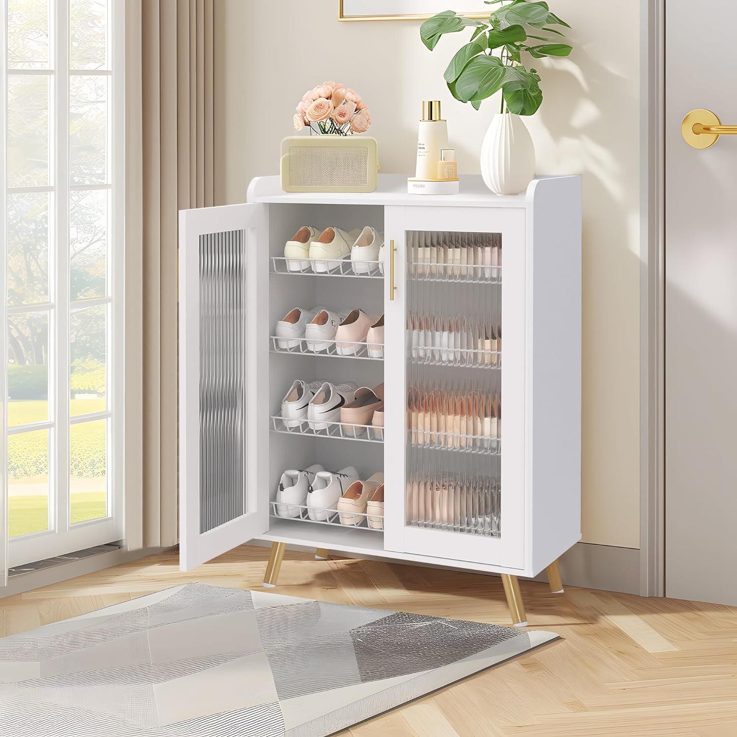 VECELO 4-Tier Shoe Storage Cabinet with Glass Doors and Shelves - VECELO