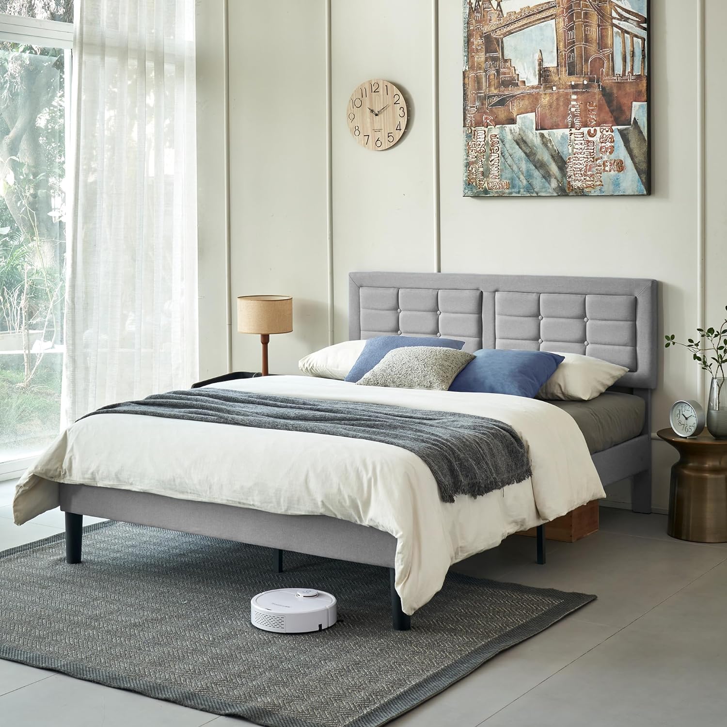 VECELO Upholstered Platform Bed Frame with Height Adjustable Headboard