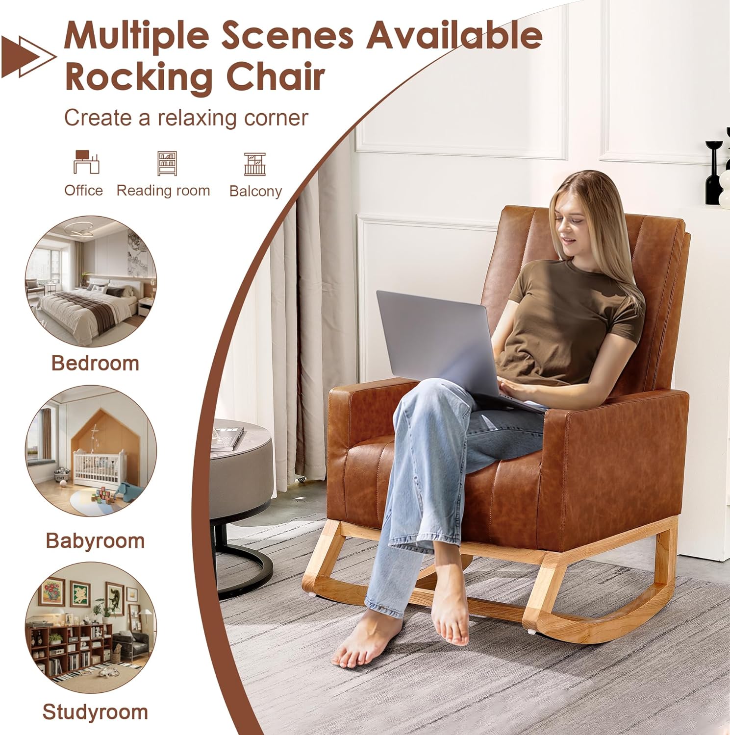 VECELO Rocking Chair Upholstered Nursery Glider Rocker High Backrest Comfy Armchair with Side Pocket and USB Port