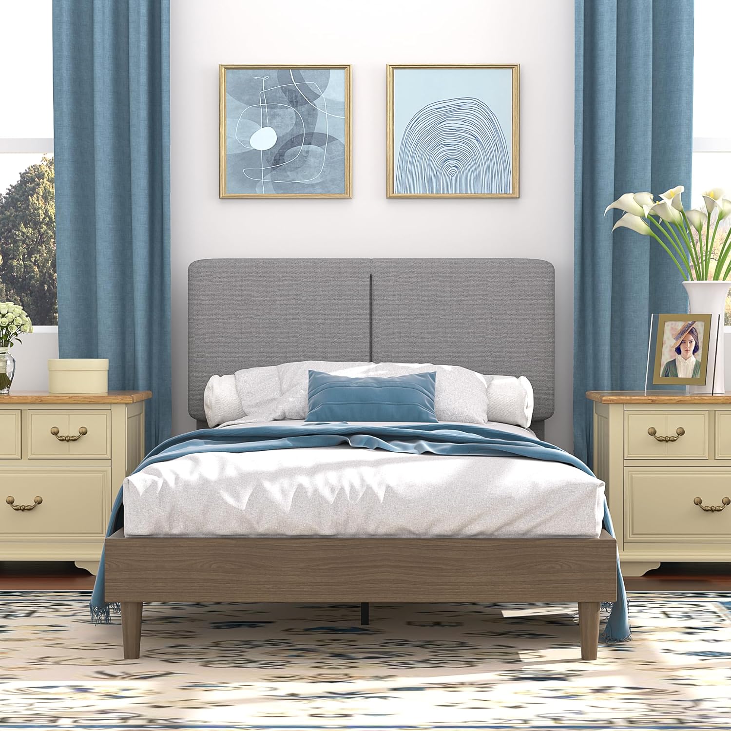 VECELO Upholstered Platform Bed Frame with Height-Adjustable Cotton and Linen Headboard