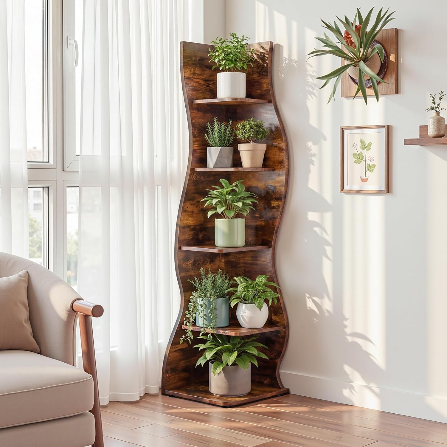 VECELO Wavy Corner Shelf, Decorative 5-Tier Storage Bookshelf