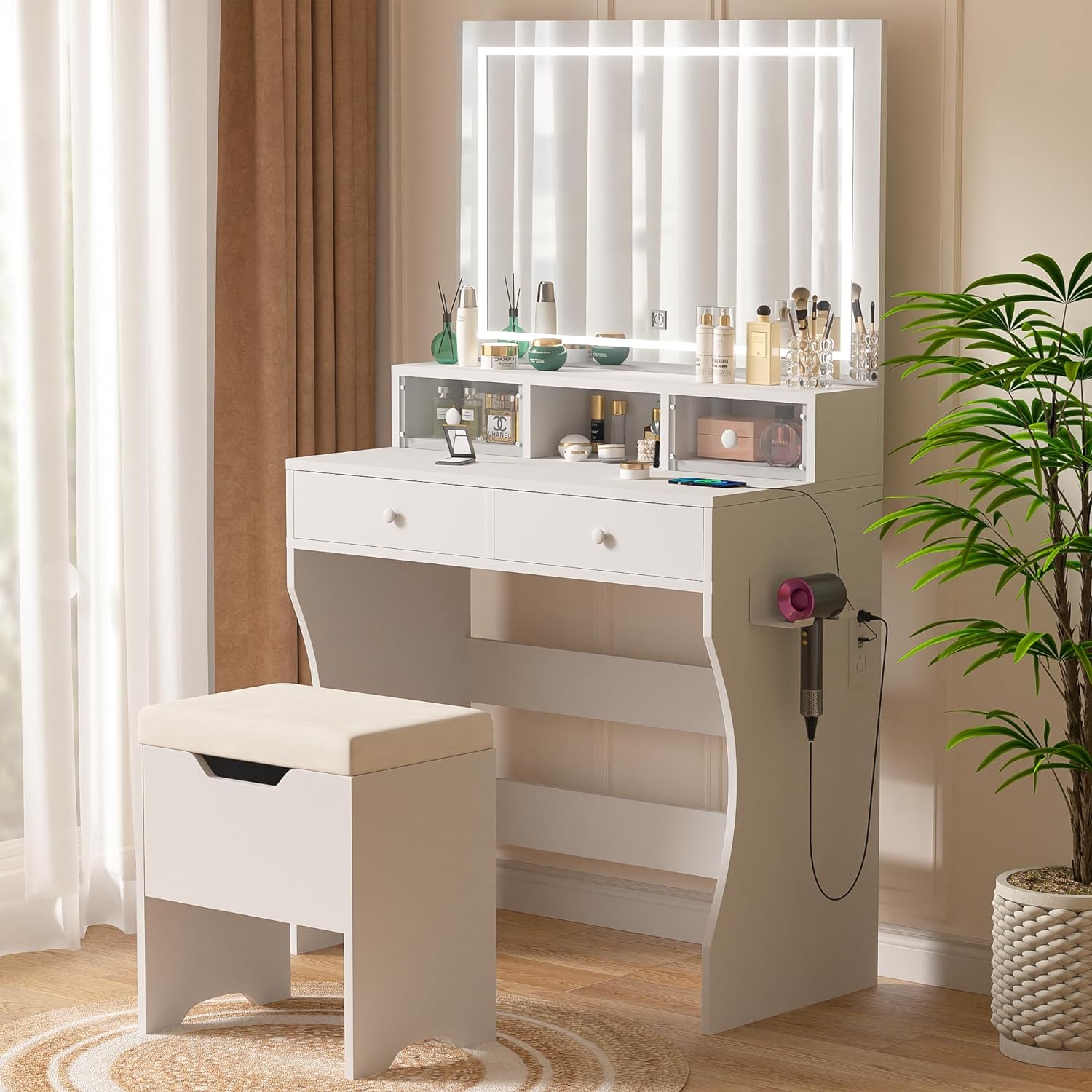 VECELO Makeup Vanity Desk Set with 4 Drawers, LED Lighted Mirror, Cush VECELO Makeup Vanity Desk Set with 4 Drawers, LED Lighted Mirror, Cush
