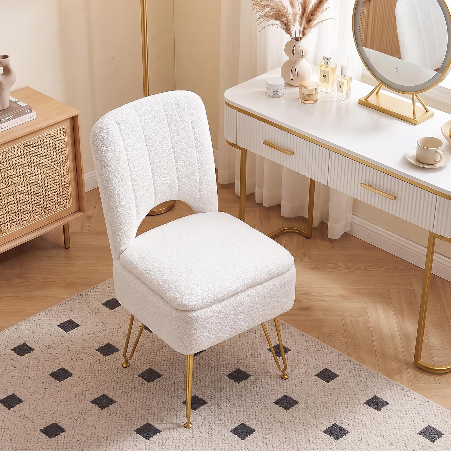 VECELO Vanity Stool Chair with Storage and Folding Back