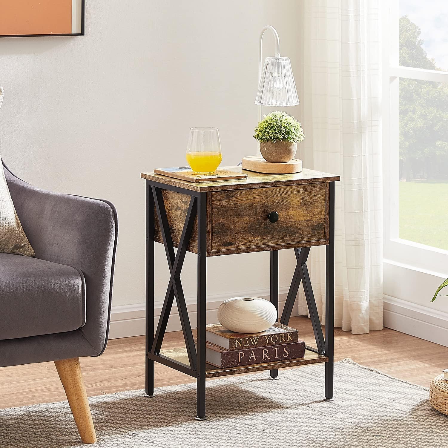 Versatile Nightstands X-Design Side End Table with Bin Drawer