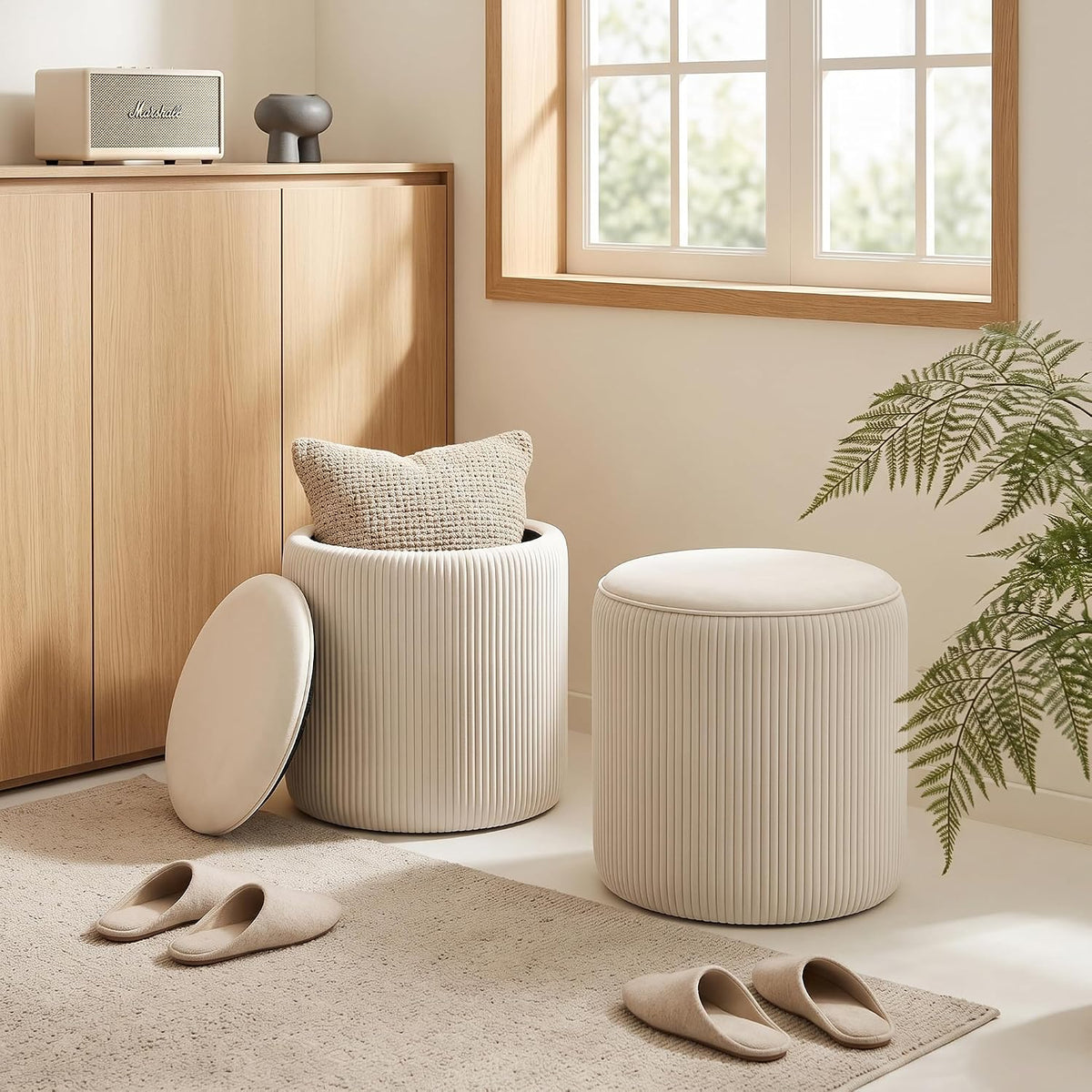 VECELO Round Velvet Storage Ottoman, Beige Upholstered Padded Vanity Stool,