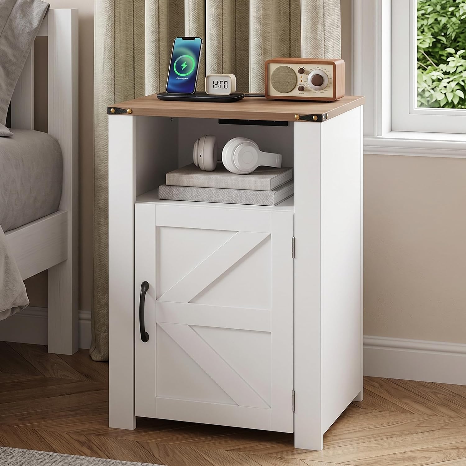 VECELO Farmhouse Nightstand with Charging Station