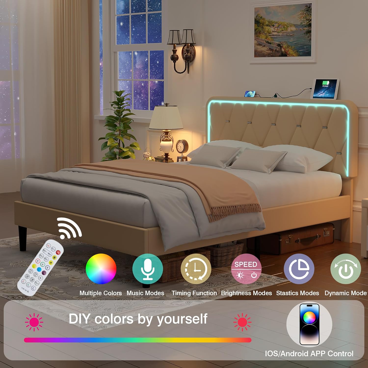 VECELO Upholstered Bed Frame with LED Lights, Charging Station, Velvet Platform Bed