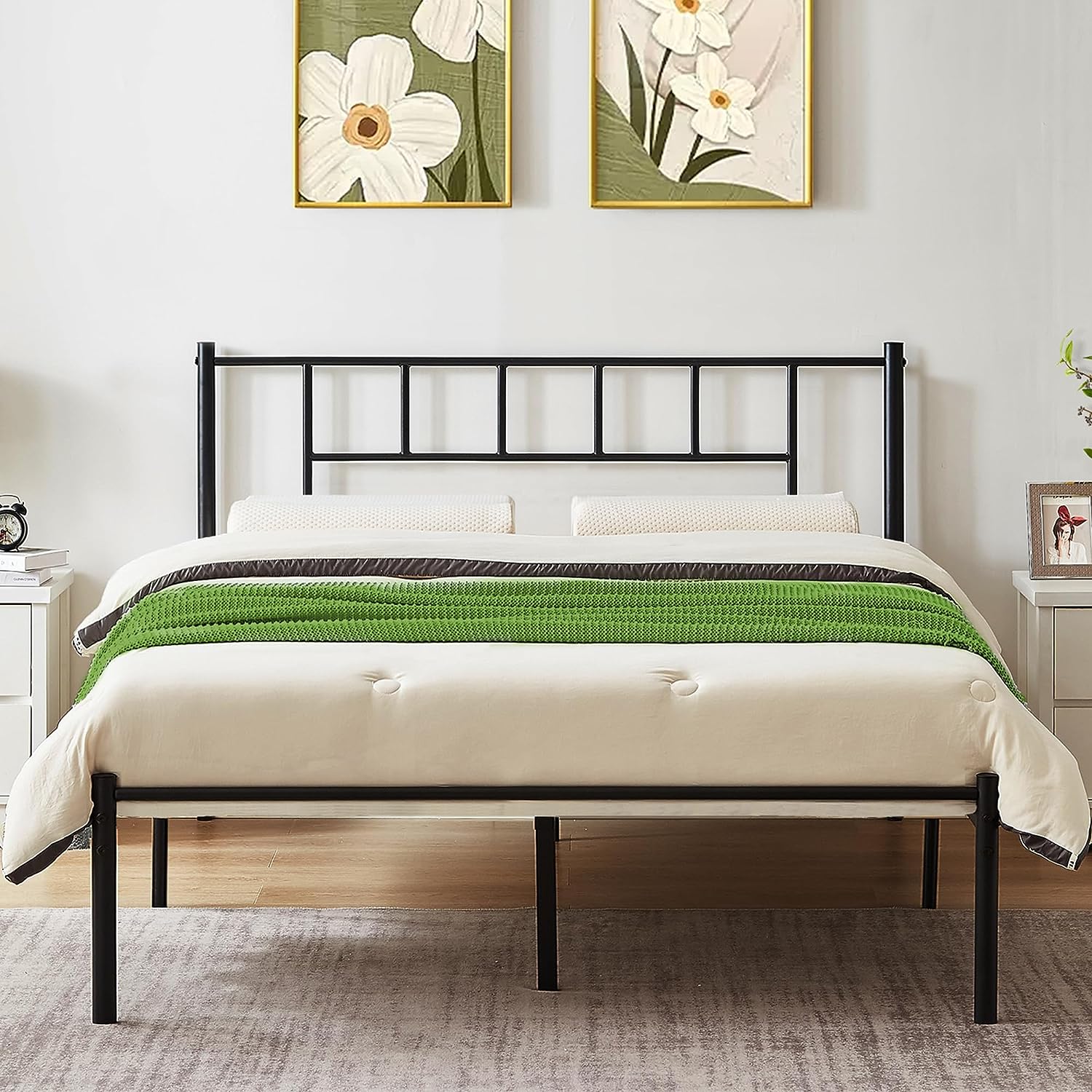 VECELO Bed Frame, 14 Inch Metal Platform with Headboard, Heavy Duty Steel Slat Support - VECELO