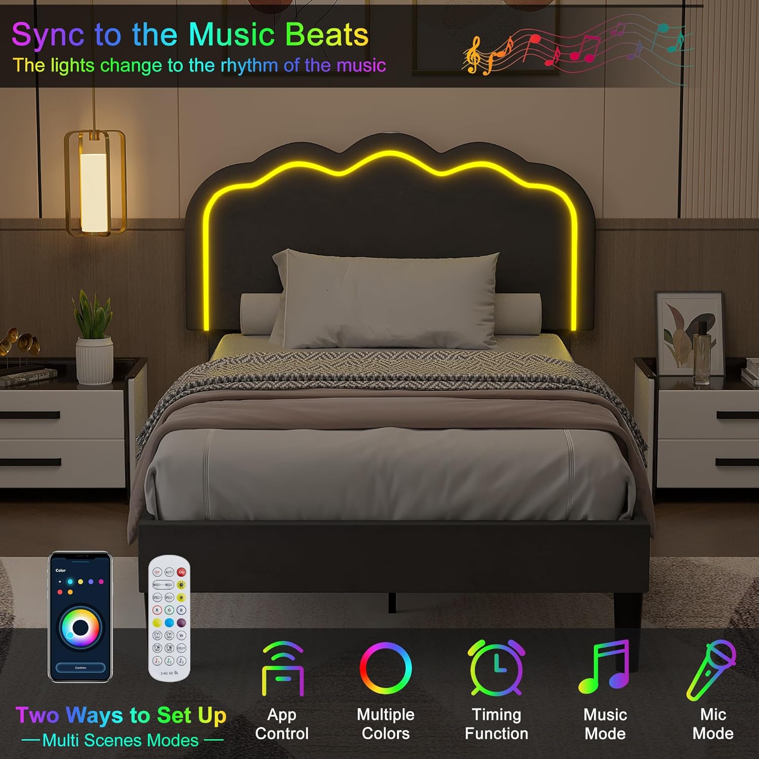 VECELO Upholstered Velvet Platform Bed Frame with Headboard Adjustable, LED Lights, USB-A & Type-C