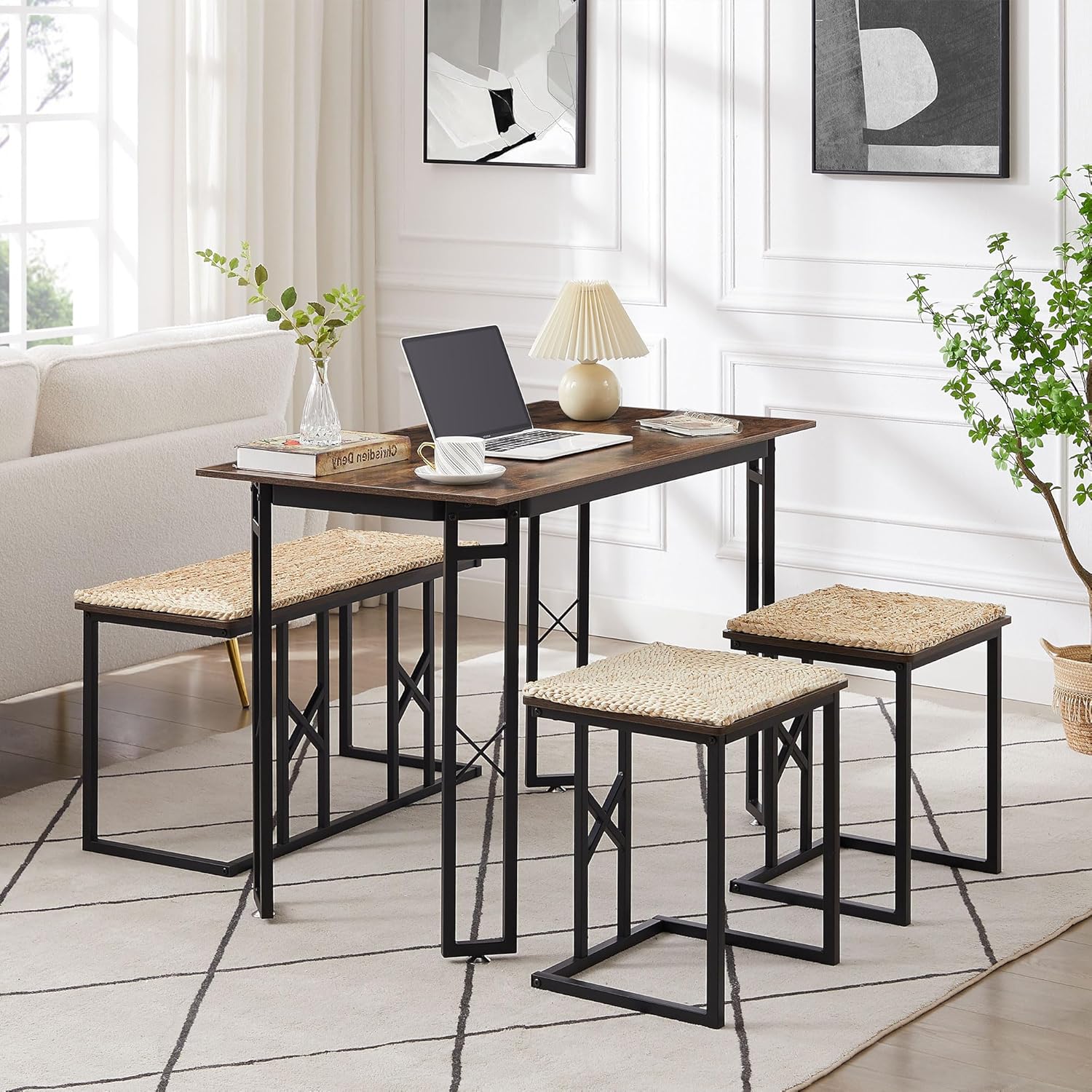 VECELO 43.3" Farmhouse Room Sets for 4 with 3 Benches Wicker-Knot Cushions - VECELO