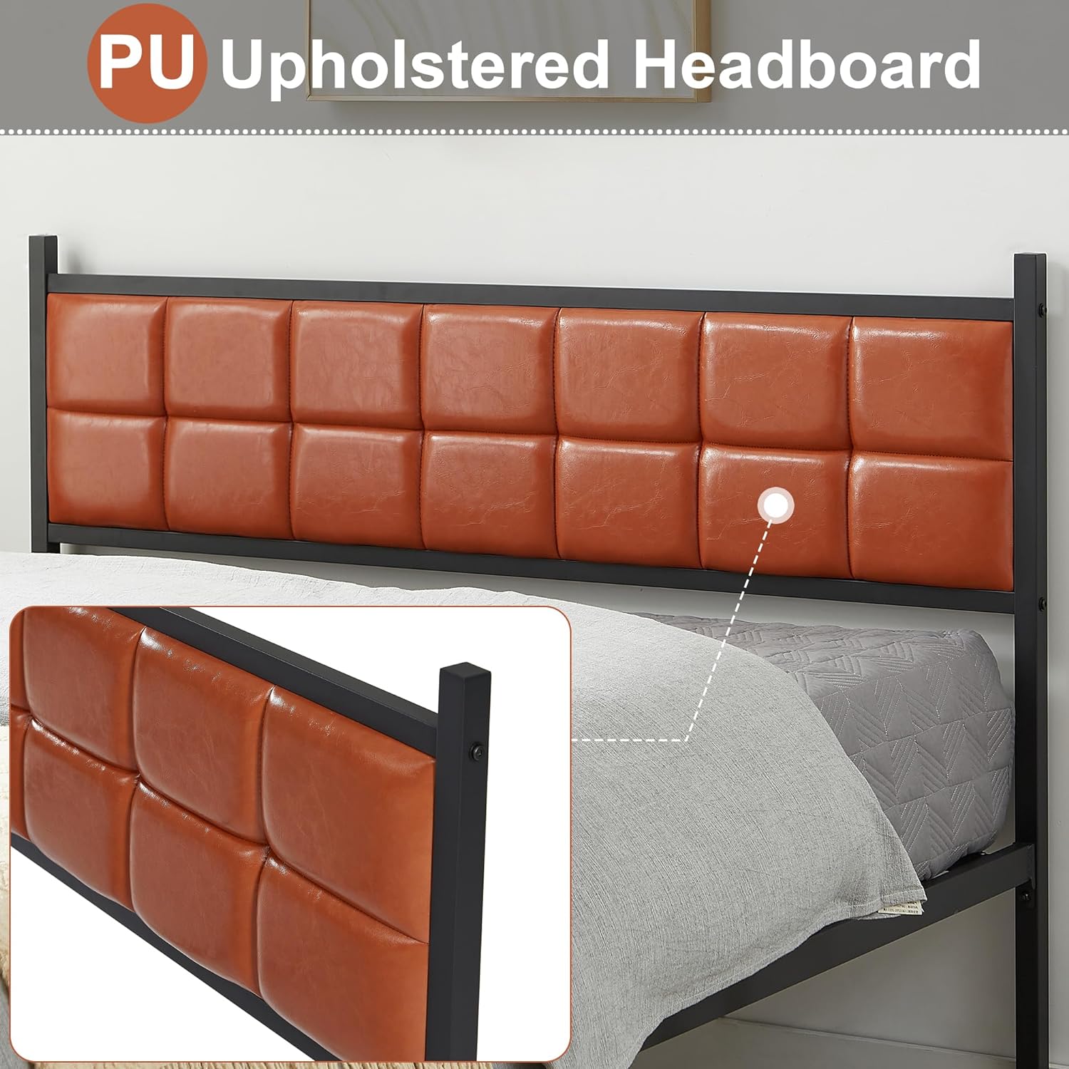 VECELO Bed Frame with PU Upholstered Headboard Metal Slats Support, No Box Spring Needed - VECELO