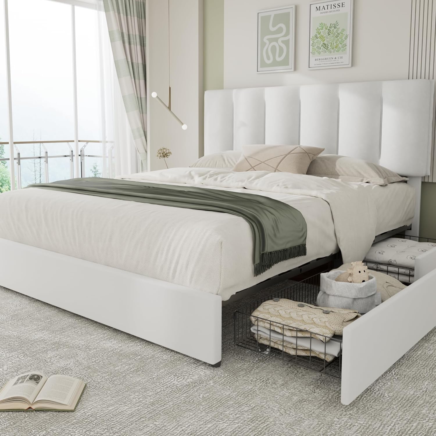 VECELO Upholstered Bed Frame with 4 Storage Drawers and Adjustable Velvet Headboard