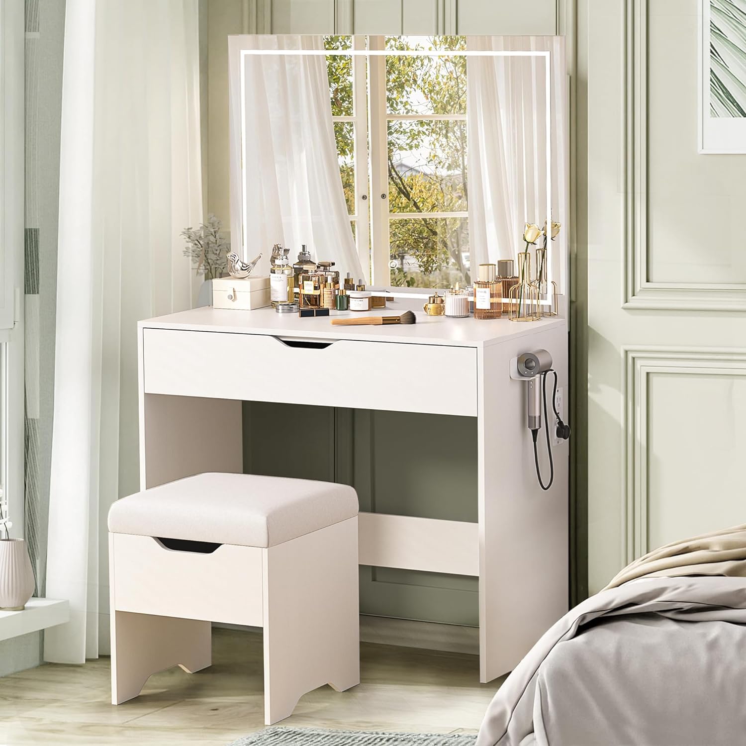 VECELO Vanity Desk Set with LED Adjustable Lighted Mirror & Power Outl