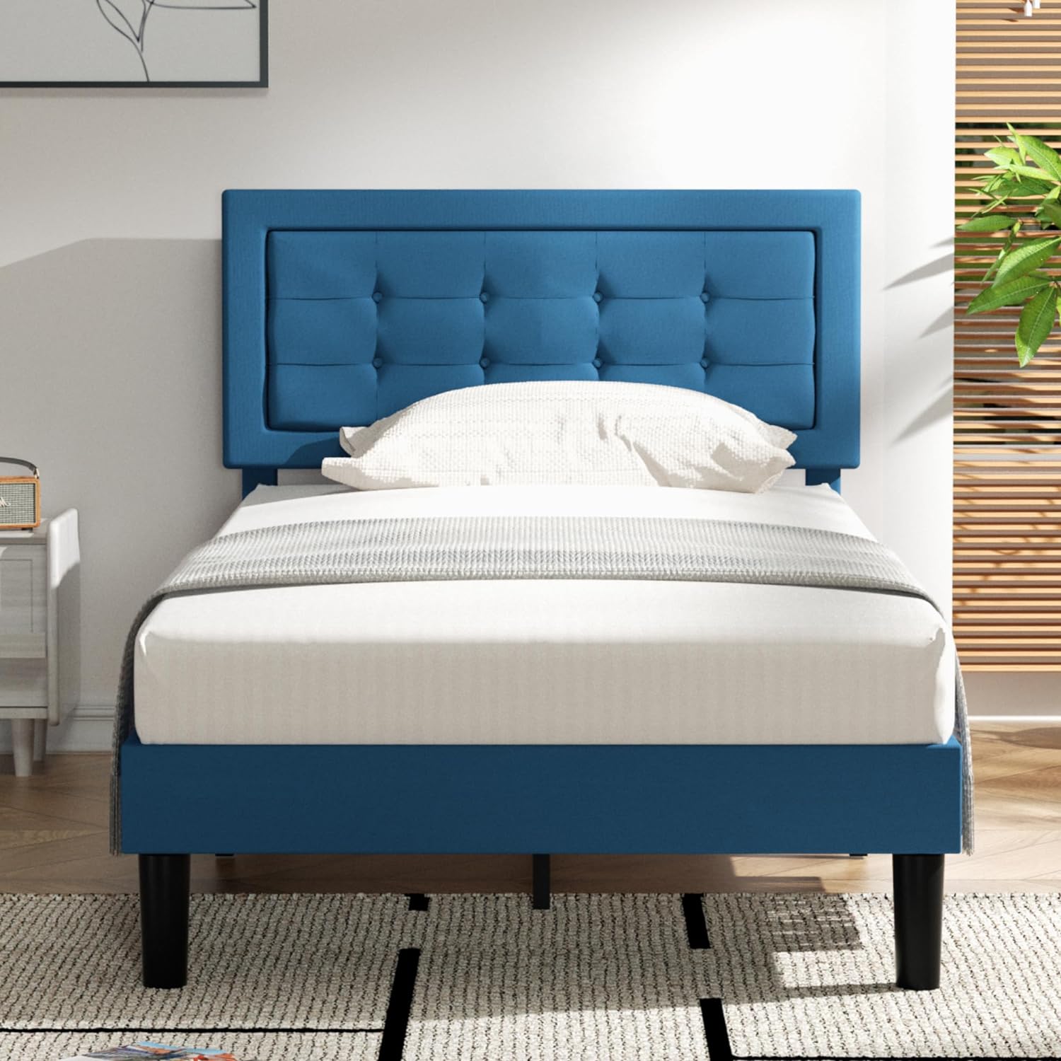 VECELO Upholstered Platform Bed Frame with Height Adjustable Headboard