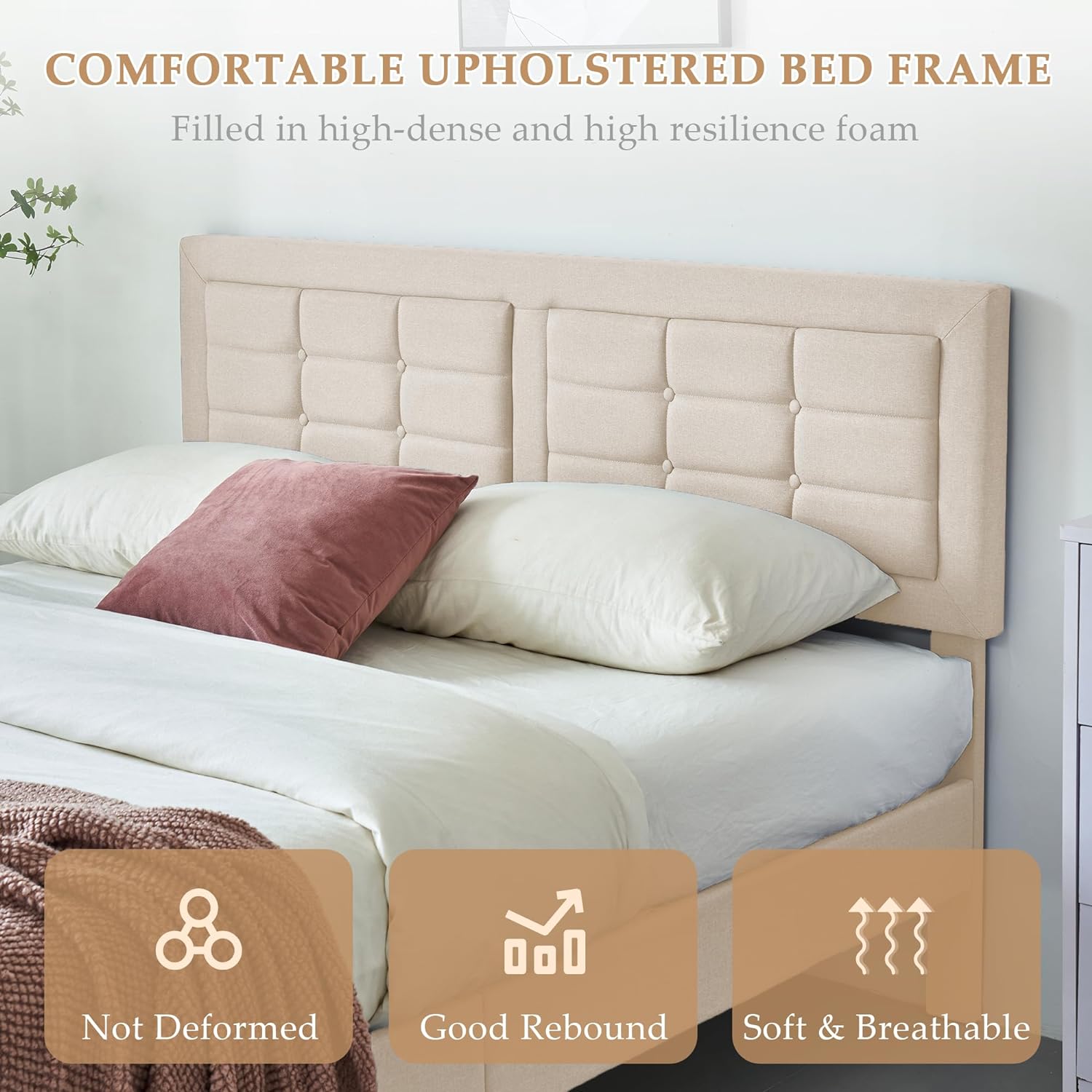 VECELO Upholstered Platform Bed Frame with Height Adjustable Headboard