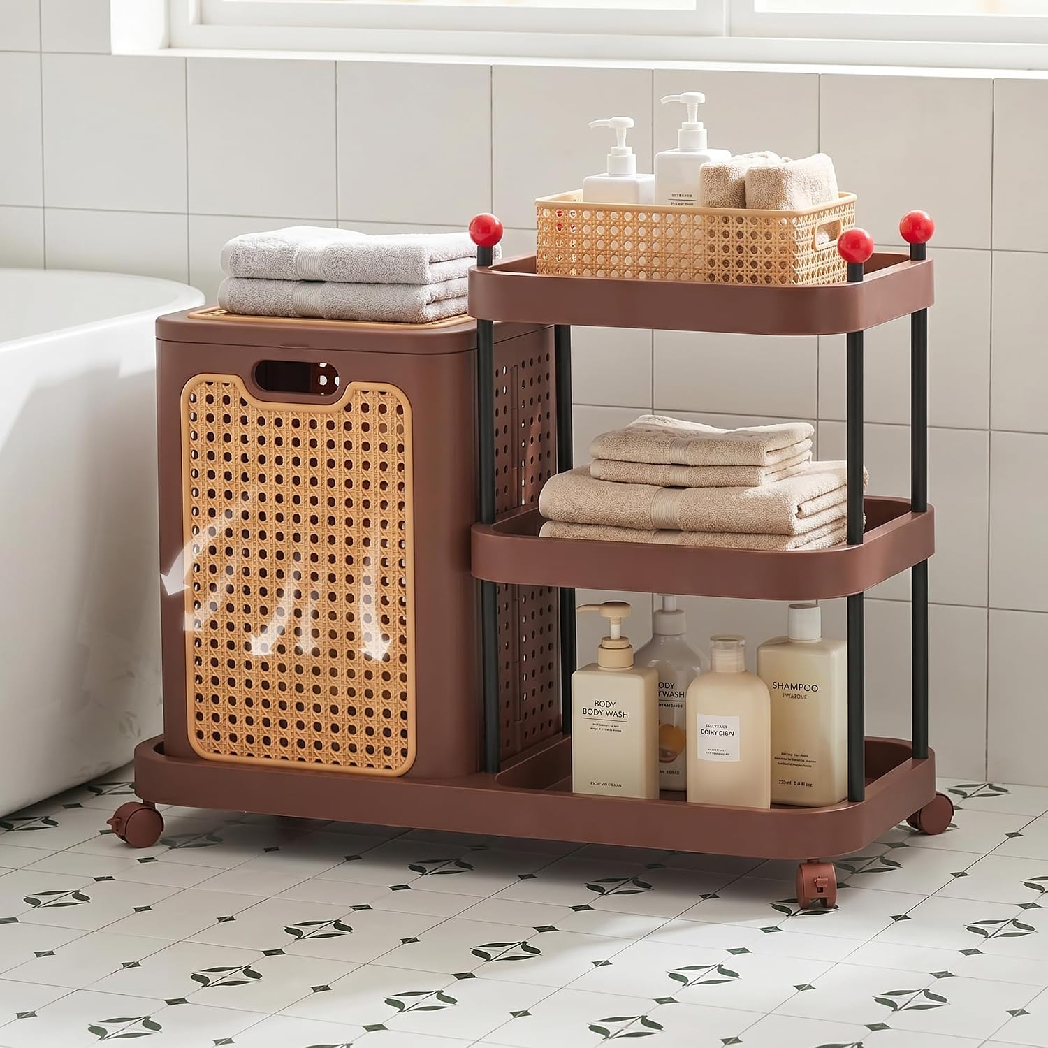 VECELO Rattan-Style Rolling Laundry Hamper Cart