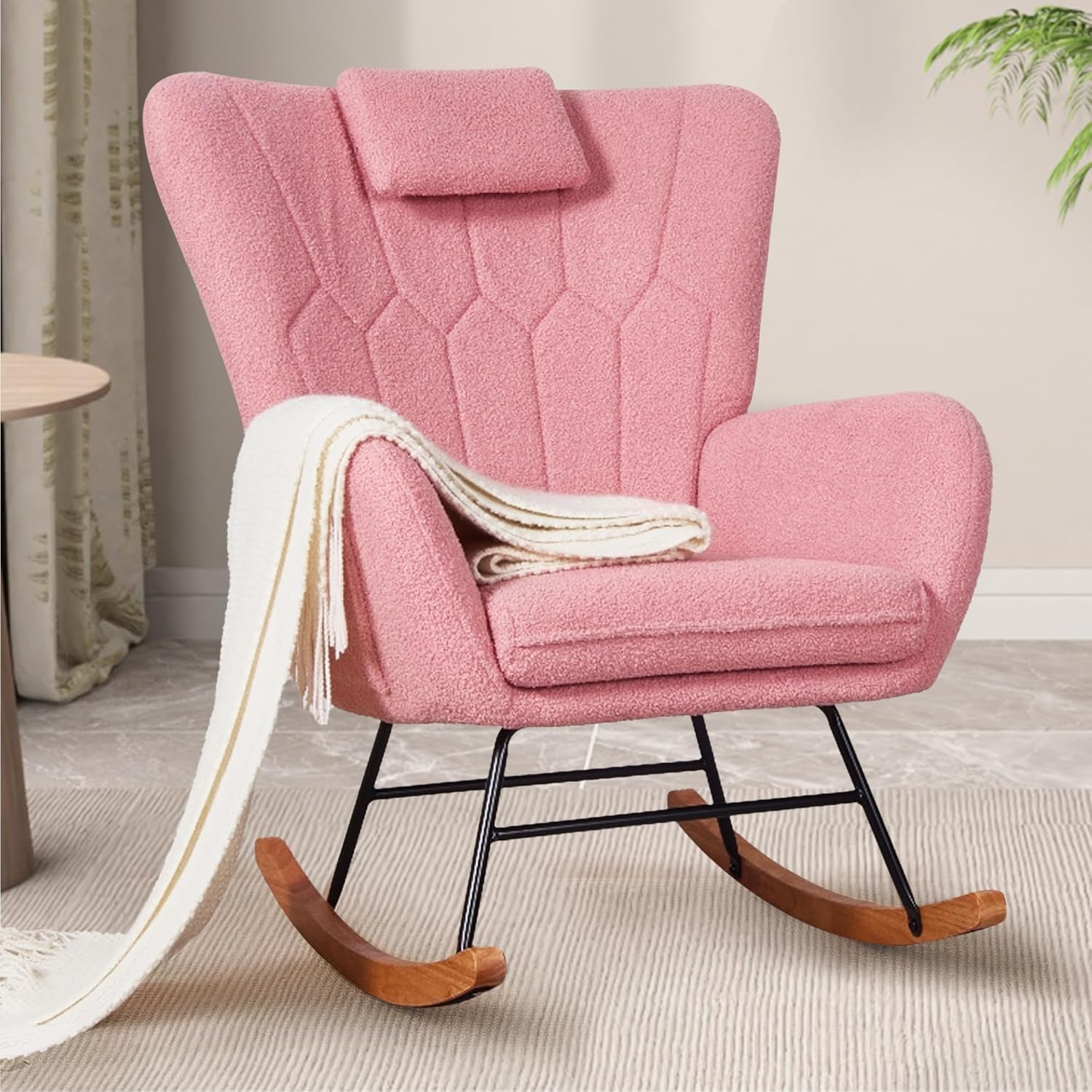 VECELO Rocking Chair Nursery with Thick Headrest, Modern Teddy Upholstered Reading Glider Rocker Accent Armchair with High Backrest
