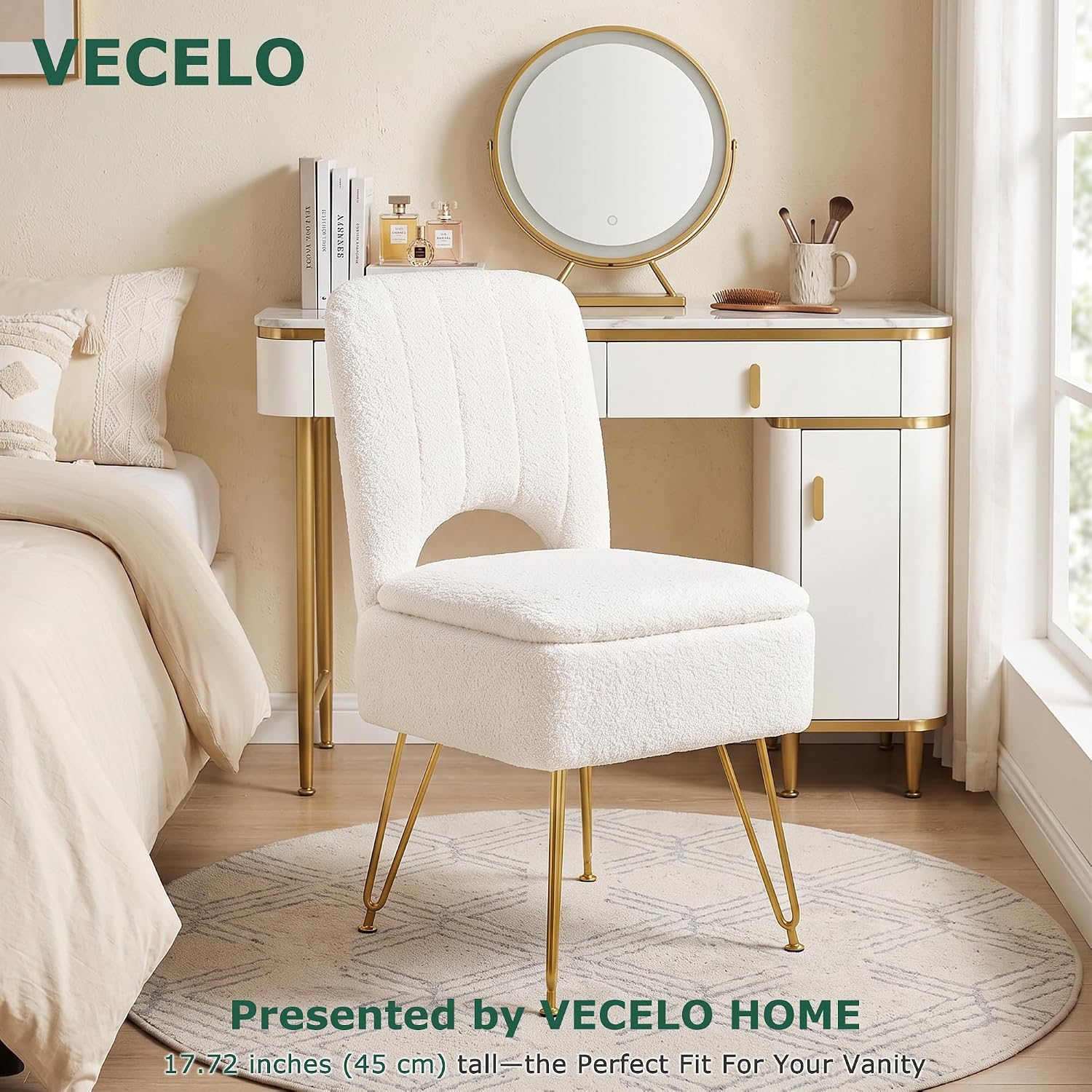 VECELO Vanity Stool Chair with Storage and Folding Back