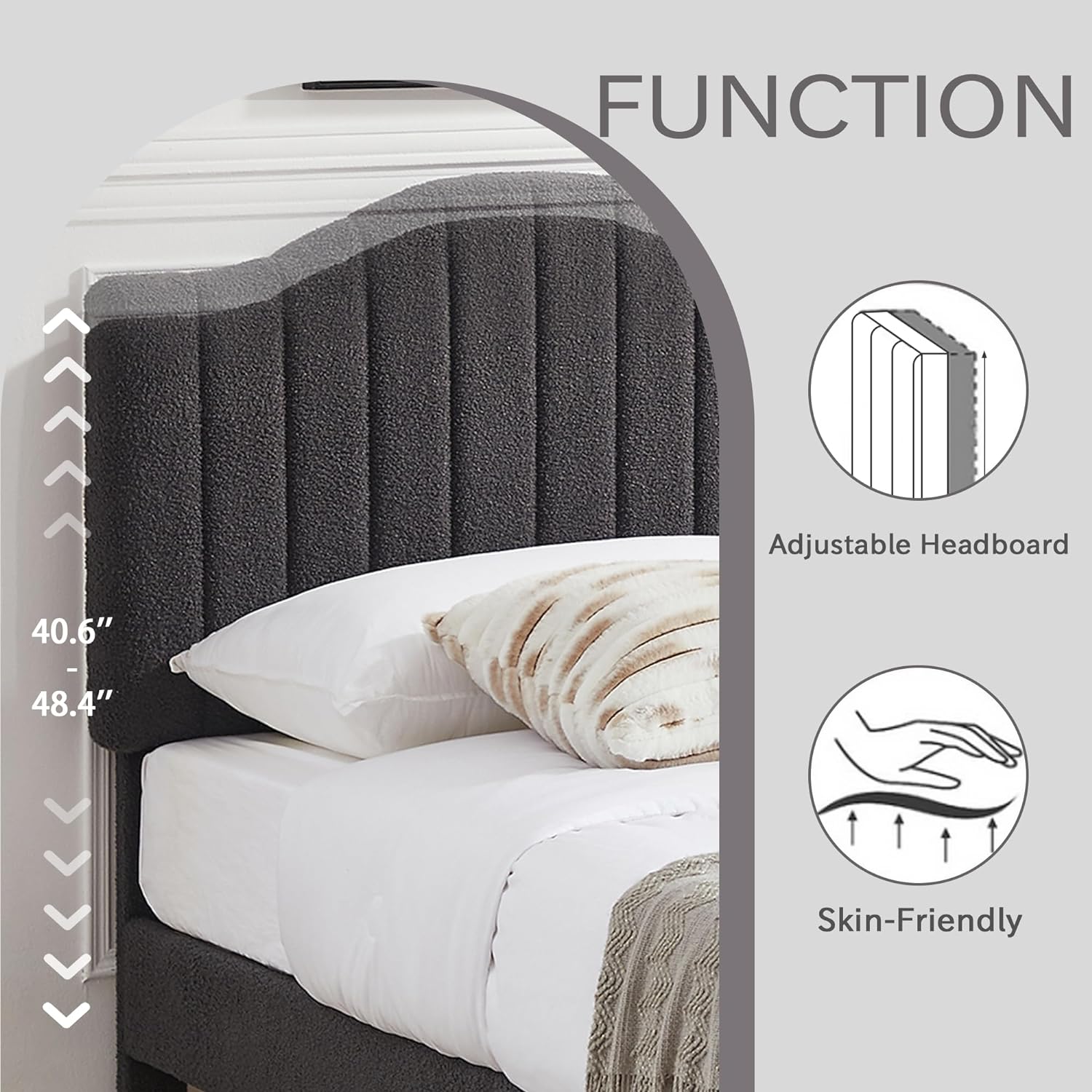 VECELO Upholstered Platform Bed Frame with Sheepskin Fabric Adjustable Headboard/Strong Wood Slats Supports