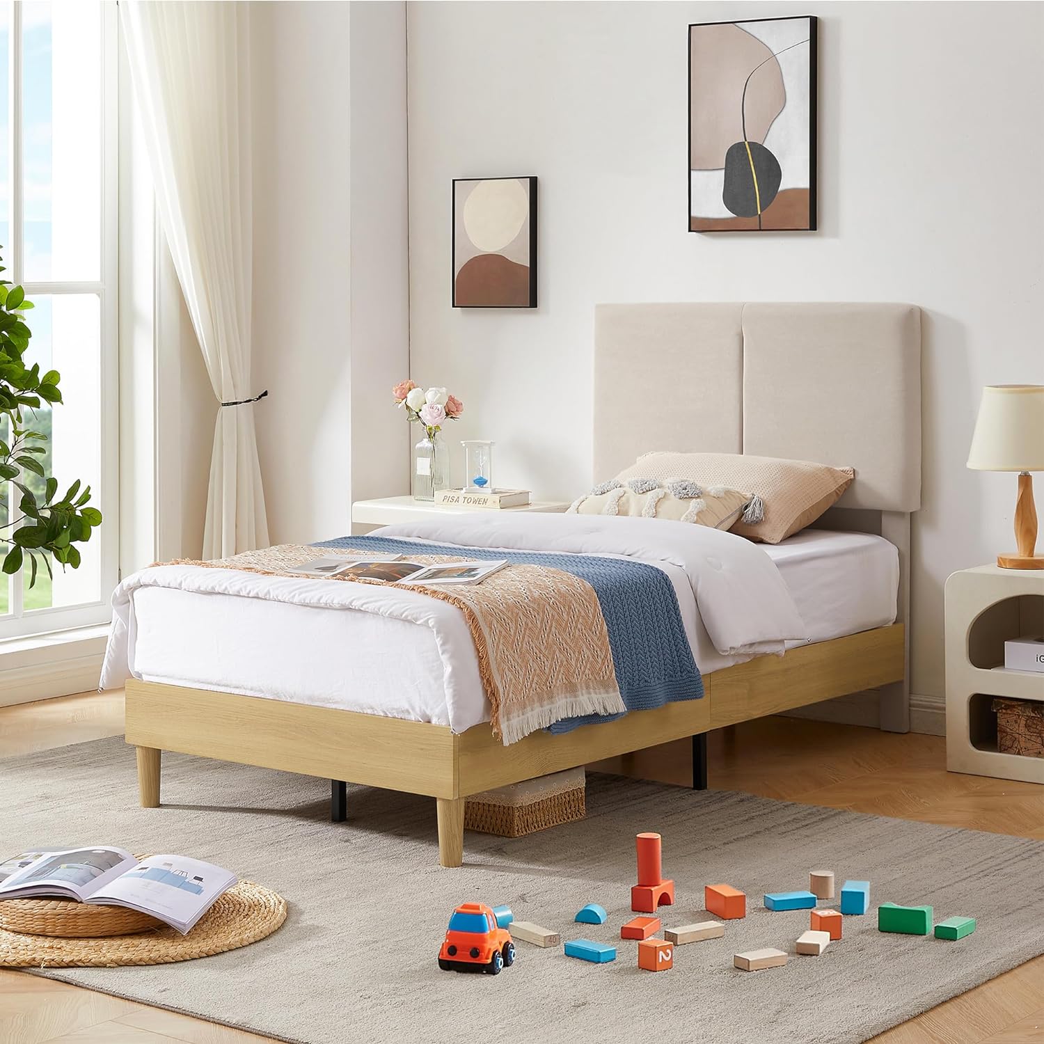 VECELO Upholstered Platform Bed Frame with Height-Adjustable Cotton and Linen Headboard