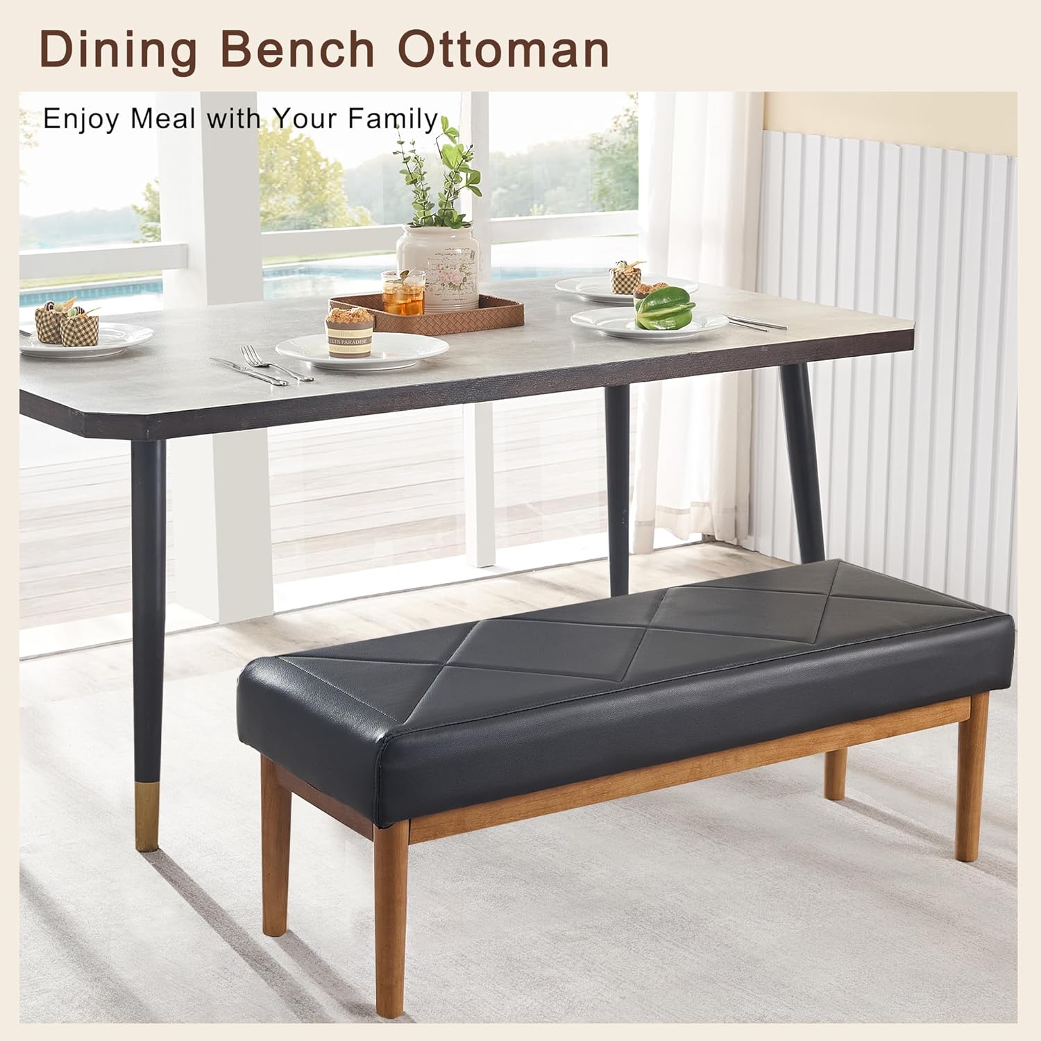 VECELO 44.5”Upholstered Entryway Bench Dining Table Ottoman Seats with Solid Wood Legs - VECELO