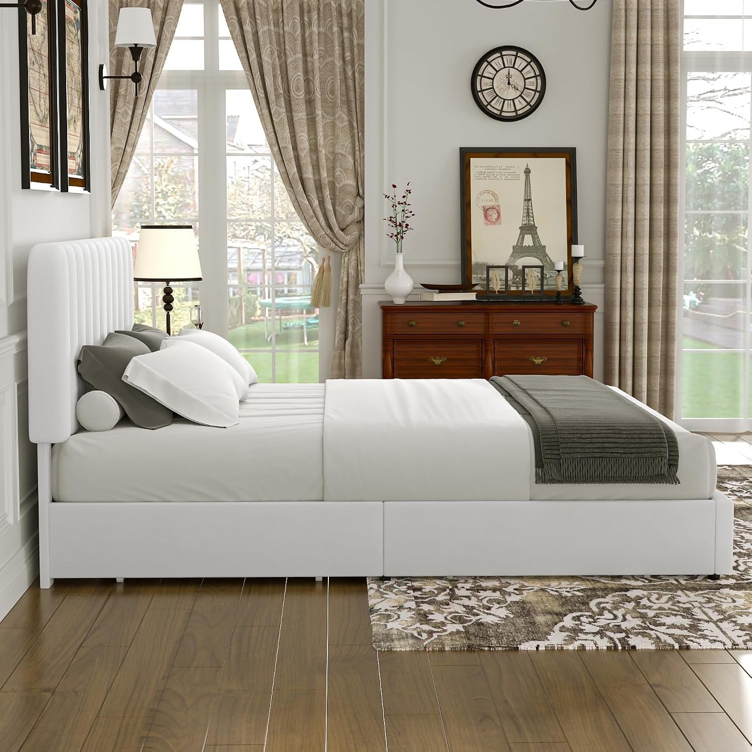 VECELO King Size Upholstered Bed Frame with 4 Drawers and Headboard