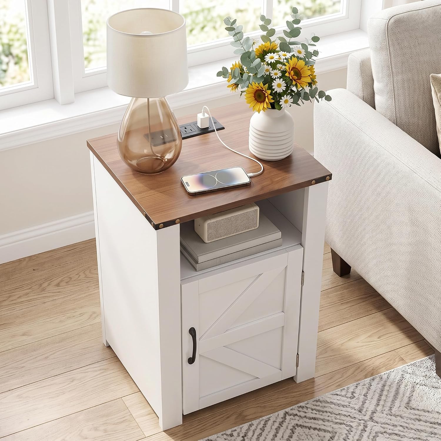 VECELO Farmhouse Nightstand with Charging Station