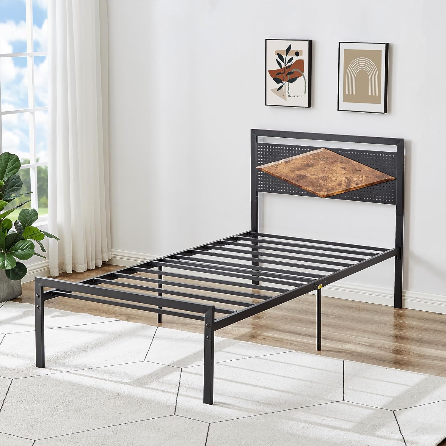 VECELO Metal Bed Frame Platform with Wood Grain Headboard&Footboard