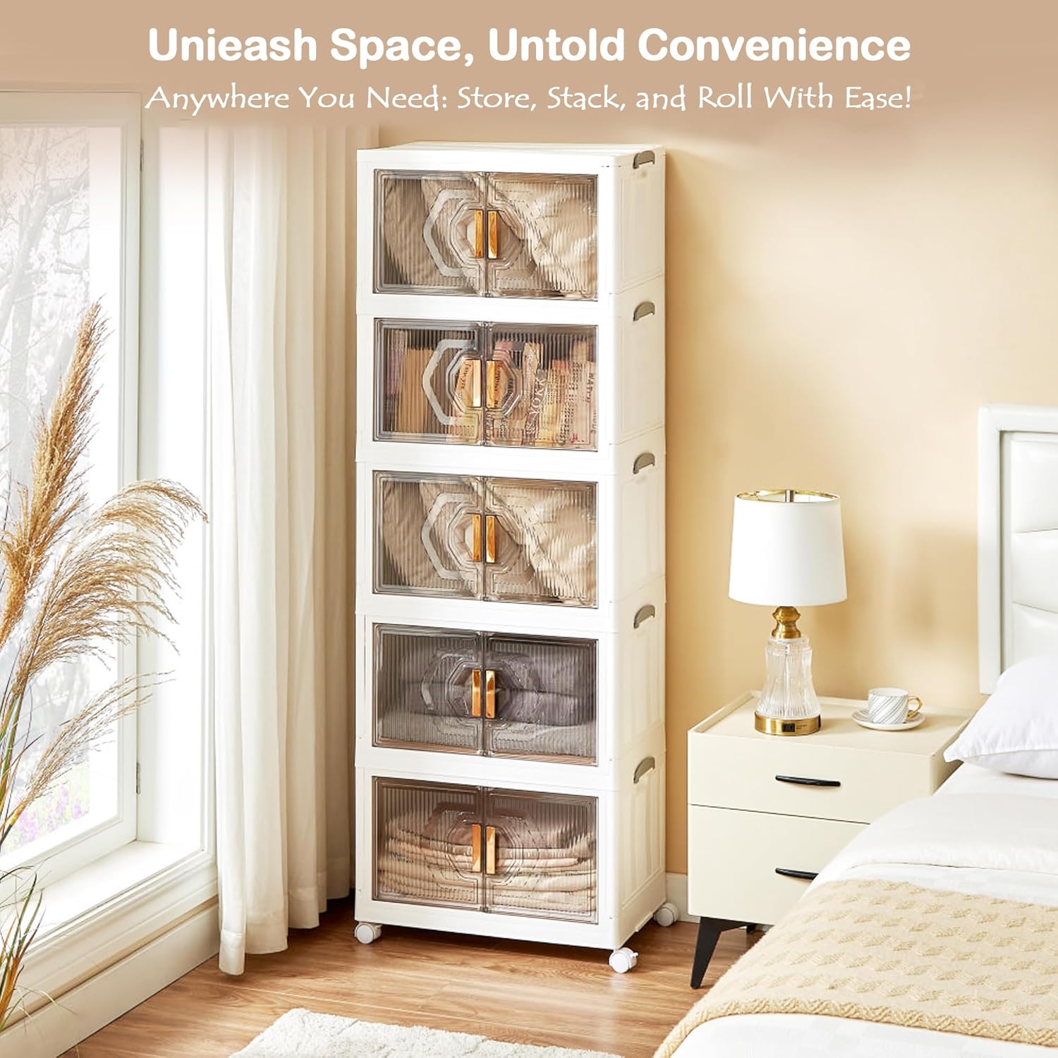 VECELO 16 Gal Stackable Storage Bins with Lid, 3/4/5 Pack Plastic Collapsible Storage Cabinet - VECELO