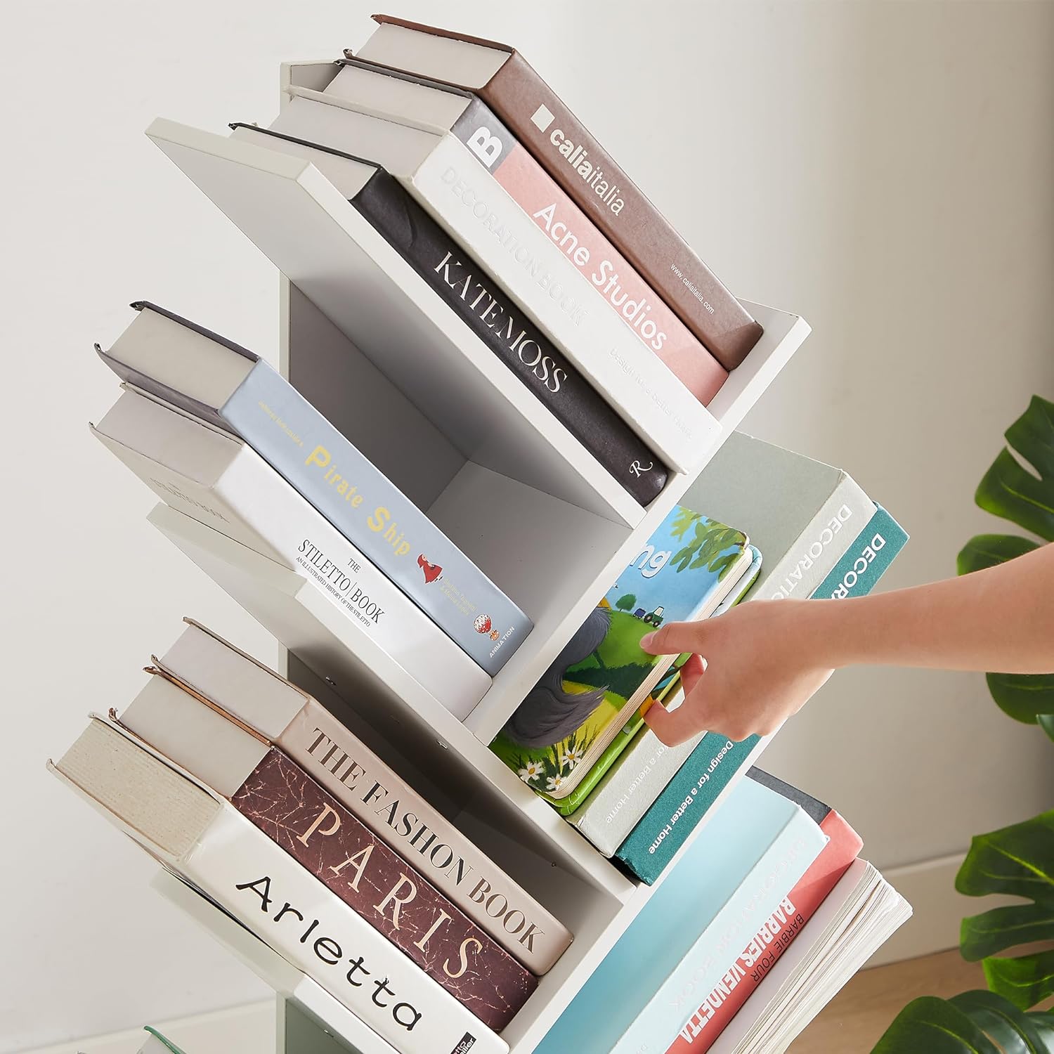 VECELO Tree Bookshelf, 7-Tier Tree Bookcase Wood Shelves Display with Storage Cabinet