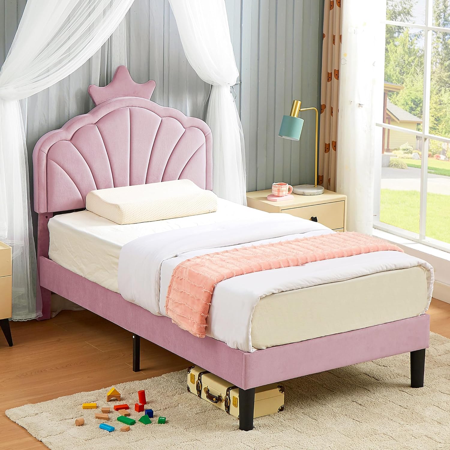 VECELO Twin Size Bed Frame Upholstered with Headboard, Strong Platform