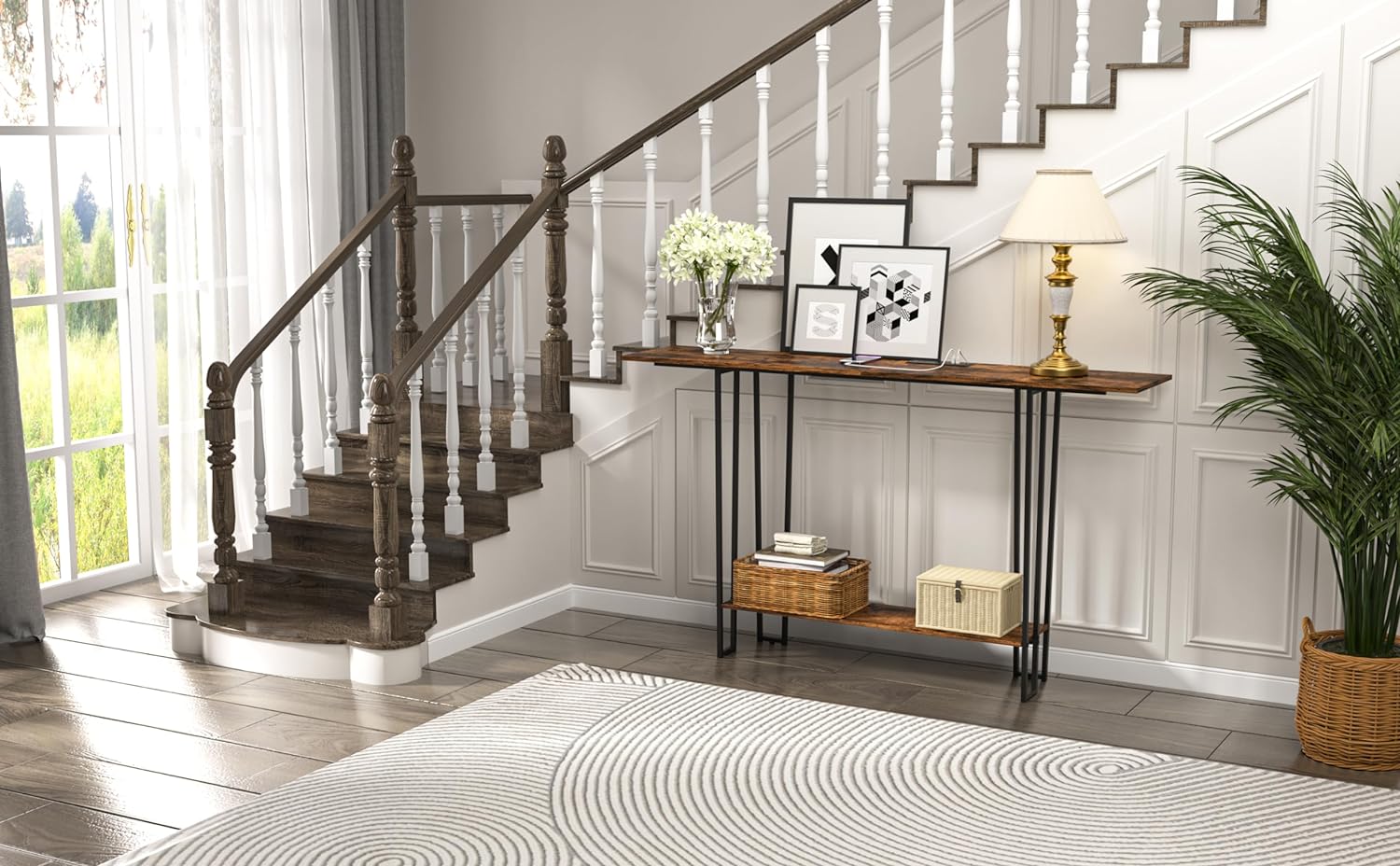 VECELO Couch Side & Console Table with 2 Outlets & 2 USB Ports