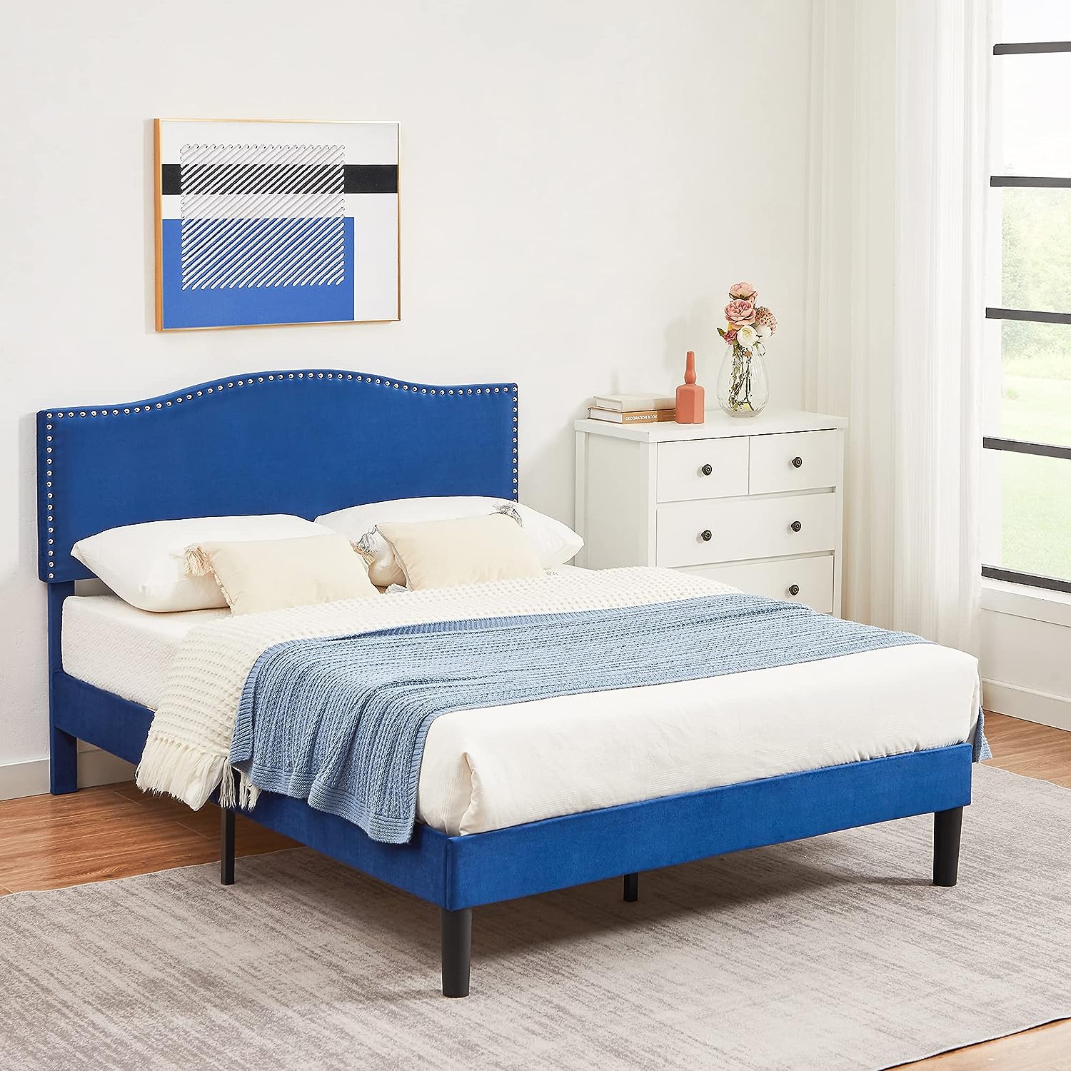 VECELO Bed Frame Platform with Upholstered Headboard & Wooden Slats Support - VECELO