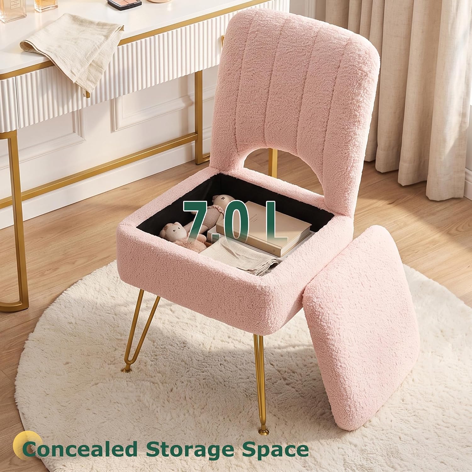 VECELO Vanity Stool Chair with Storage and Folding Back