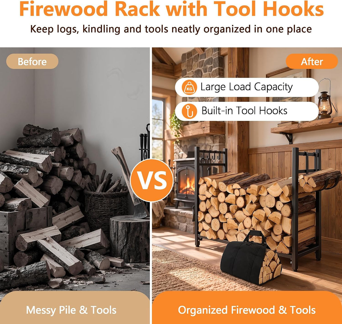 VECELO 34 Inch Firewood Rack with Carrier Bag Heavy Duty Outdoor Wood Rack