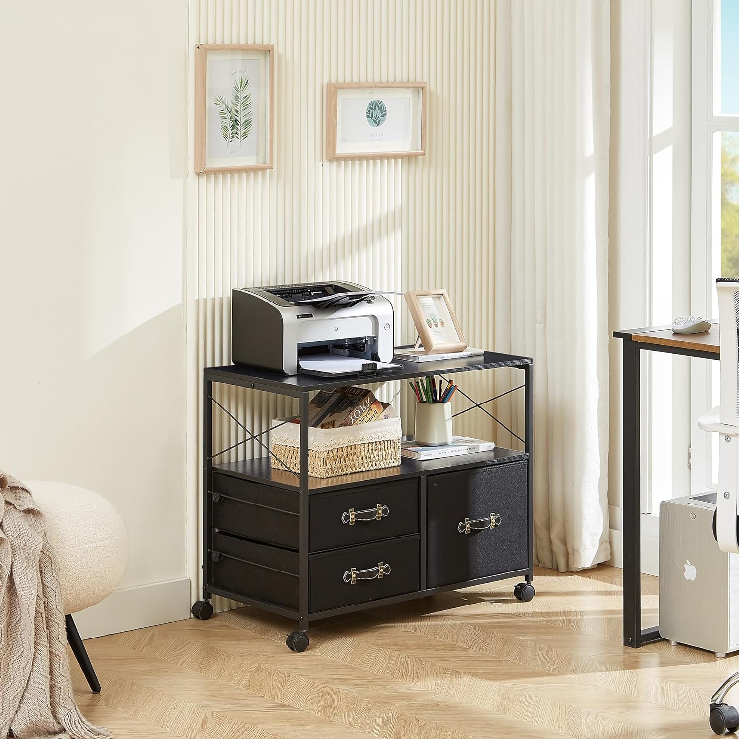 VECELO 3 Drawer Lateral File Cabinet, Rolling Printer Stand with Open Storage Shelf - VECELO