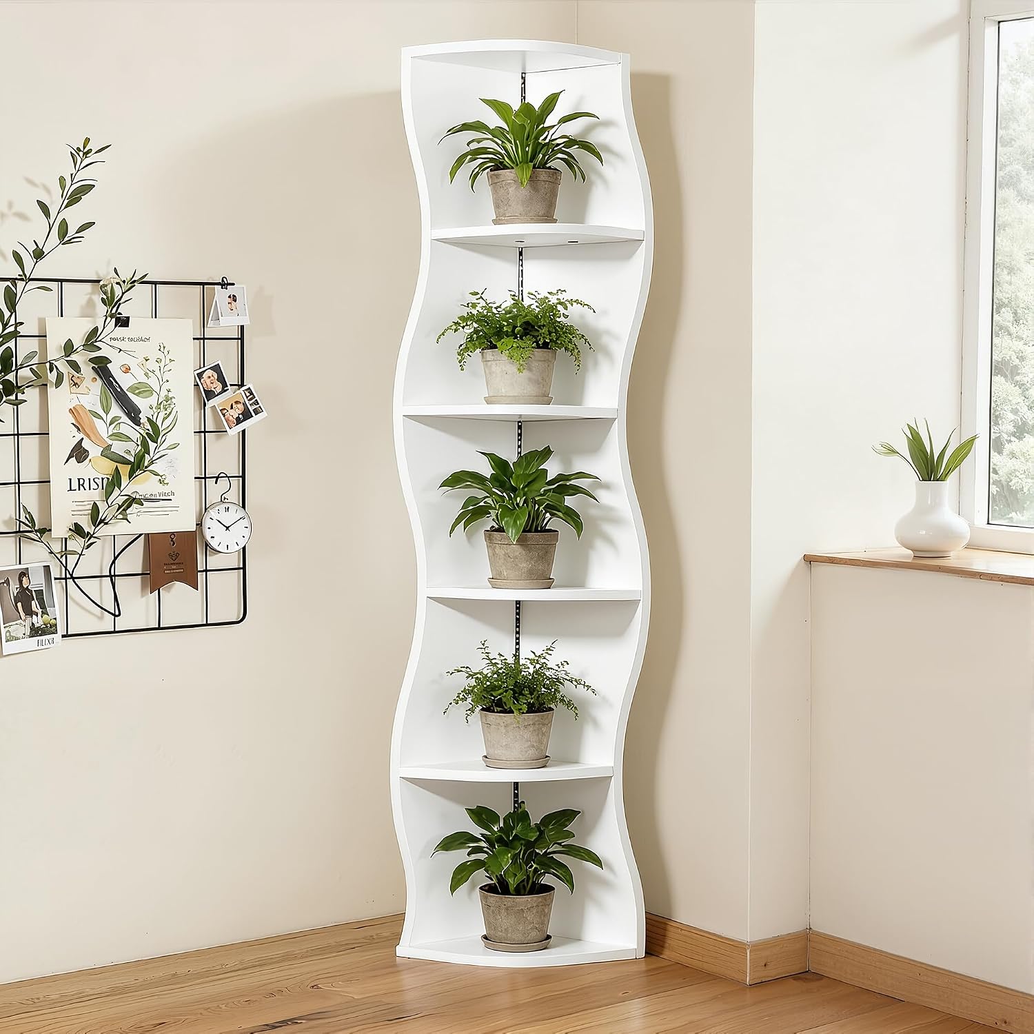 VECELO 6-Tier Compact Wave Corner Bookcase with LED Lights, Small Narrow Freestanding Bookshelf for Small Spaces