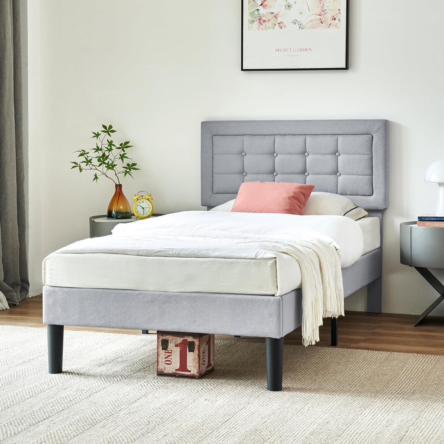 VECELO Upholstered Platform Bed Frame with Height Adjustable Headboard