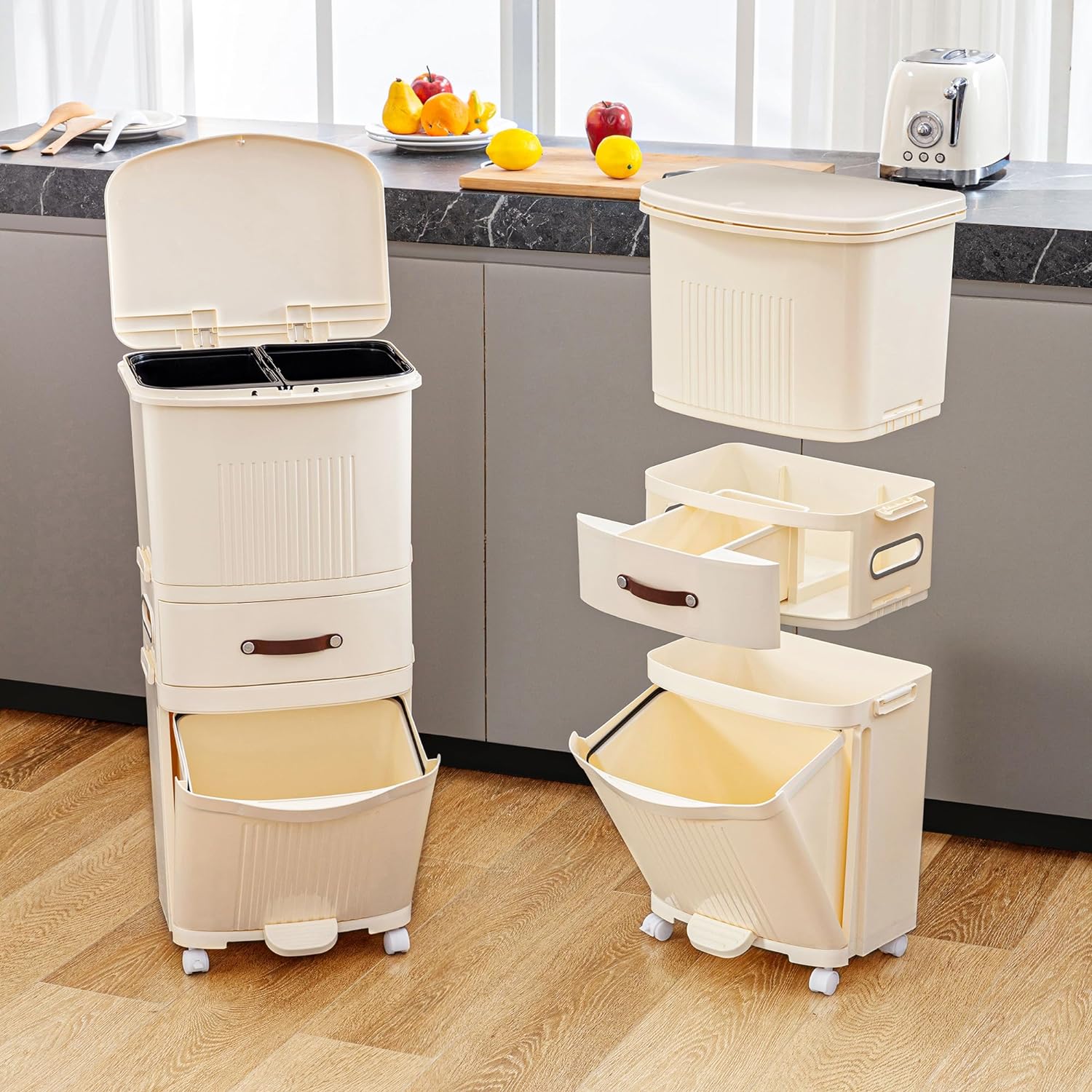 VECELO 12 Gal Kitchen Trash Can with Lid, Large-Capacity Double-Layer Sorting Trash Bin with Removable Inner Bucket - VECELO