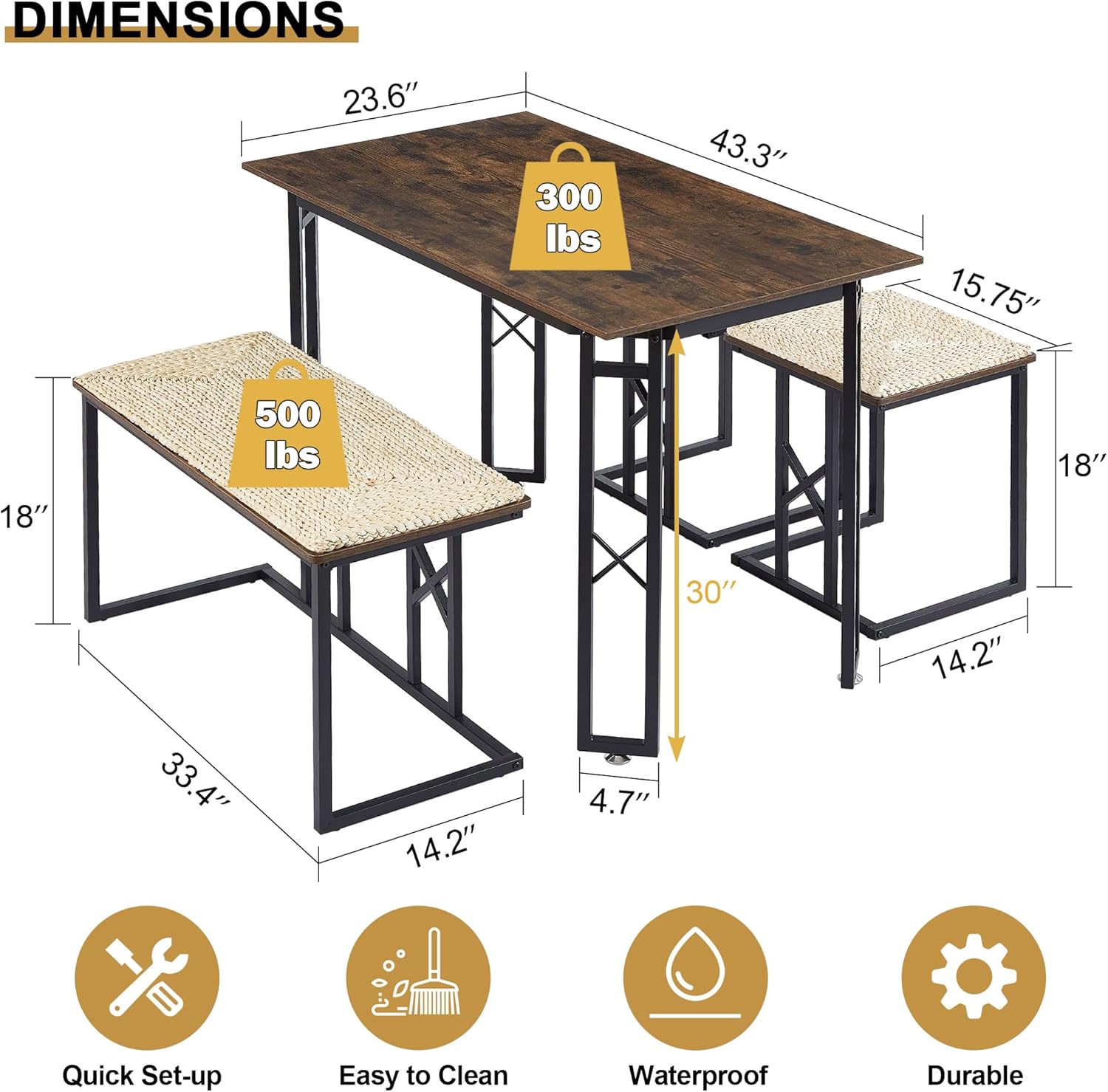 VECELO 43.3" Farmhouse Room Sets for 4 with 3 Benches Wicker-Knot Cushions - VECELO
