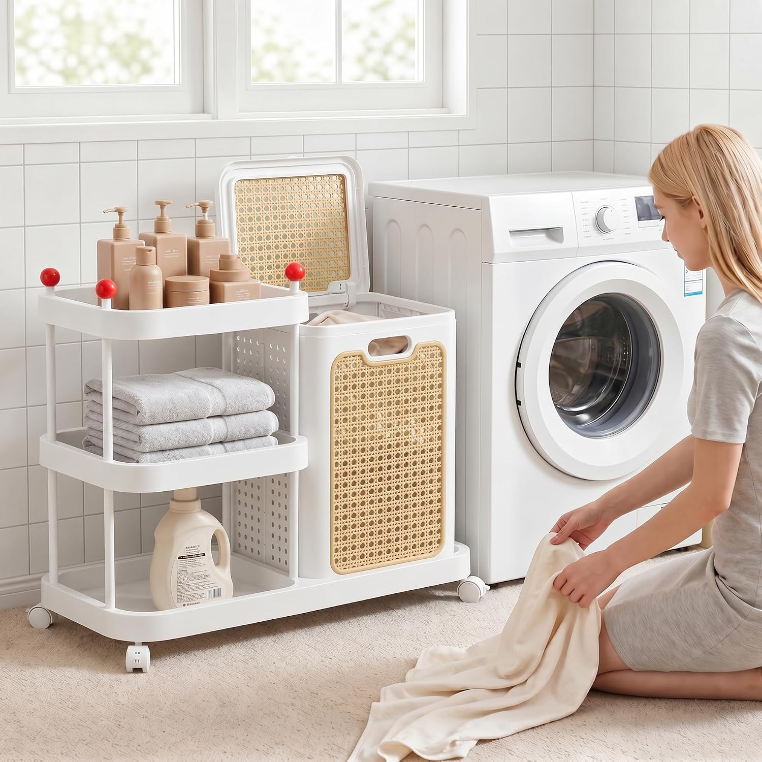 VECELO Rattan-Style Rolling Laundry Hamper Cart
