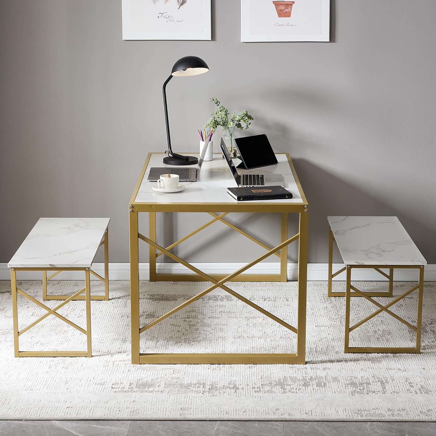 VECELO Kitchen Table with 2 Benches for 4