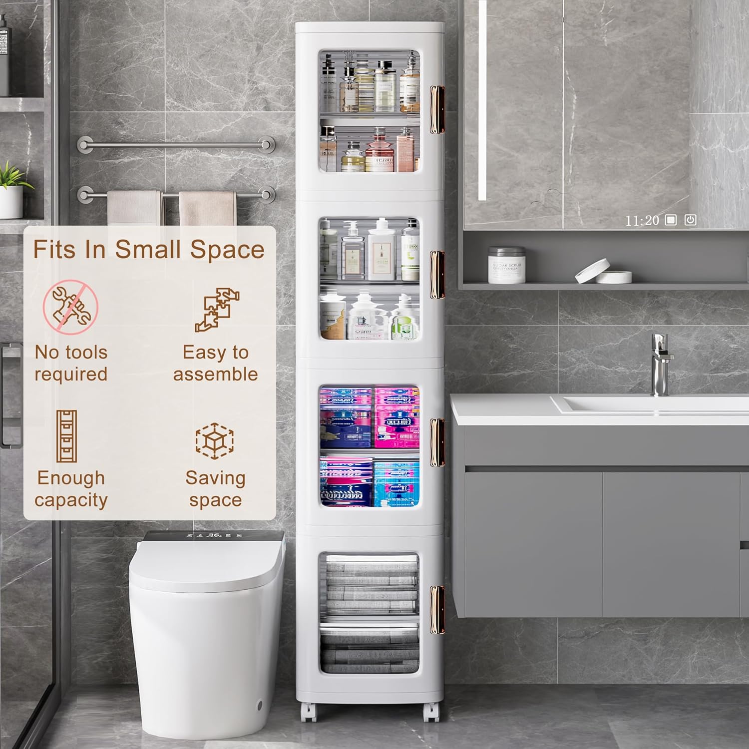 VECELO 4-Tier Plastic Tall Narrow Storage Cabinet with Movable Wheels