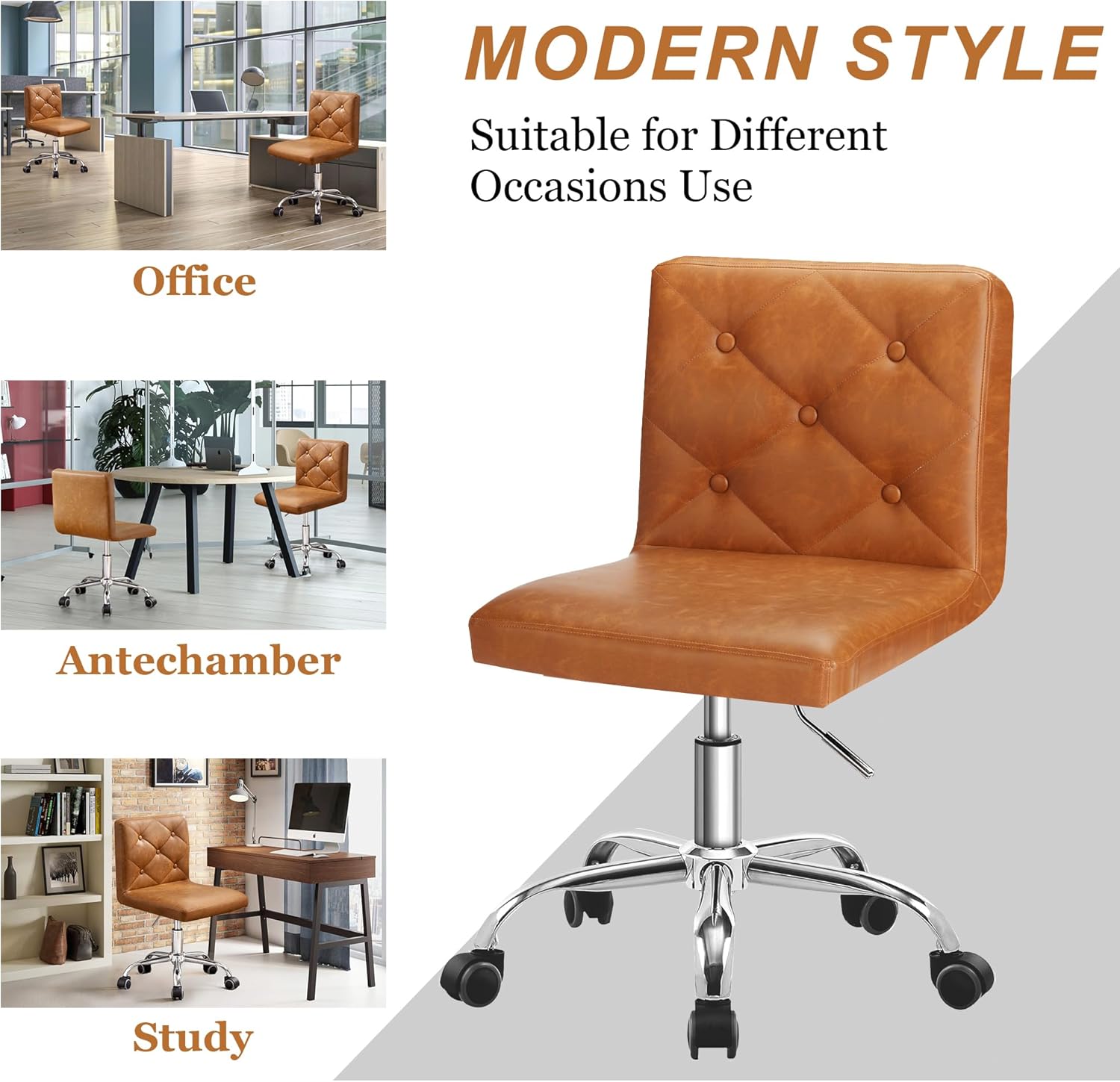 VECELO PU Leather Mid-Back Armless Desk Chair Adjustable Height 360° Rolling Swivel