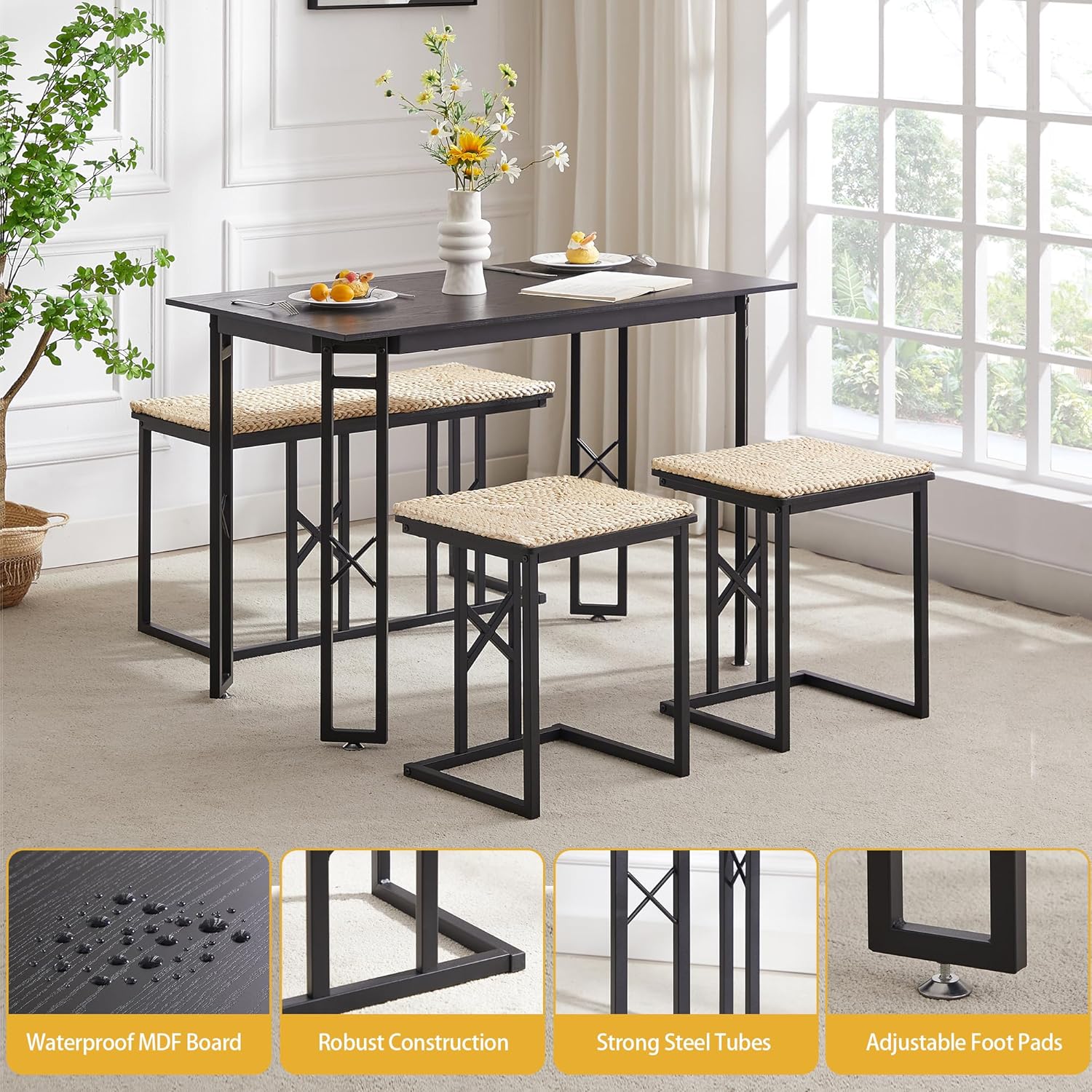 VECELO 43.3" Farmhouse Room Sets for 4 with 3 Benches Wicker-Knot Cushions - VECELO