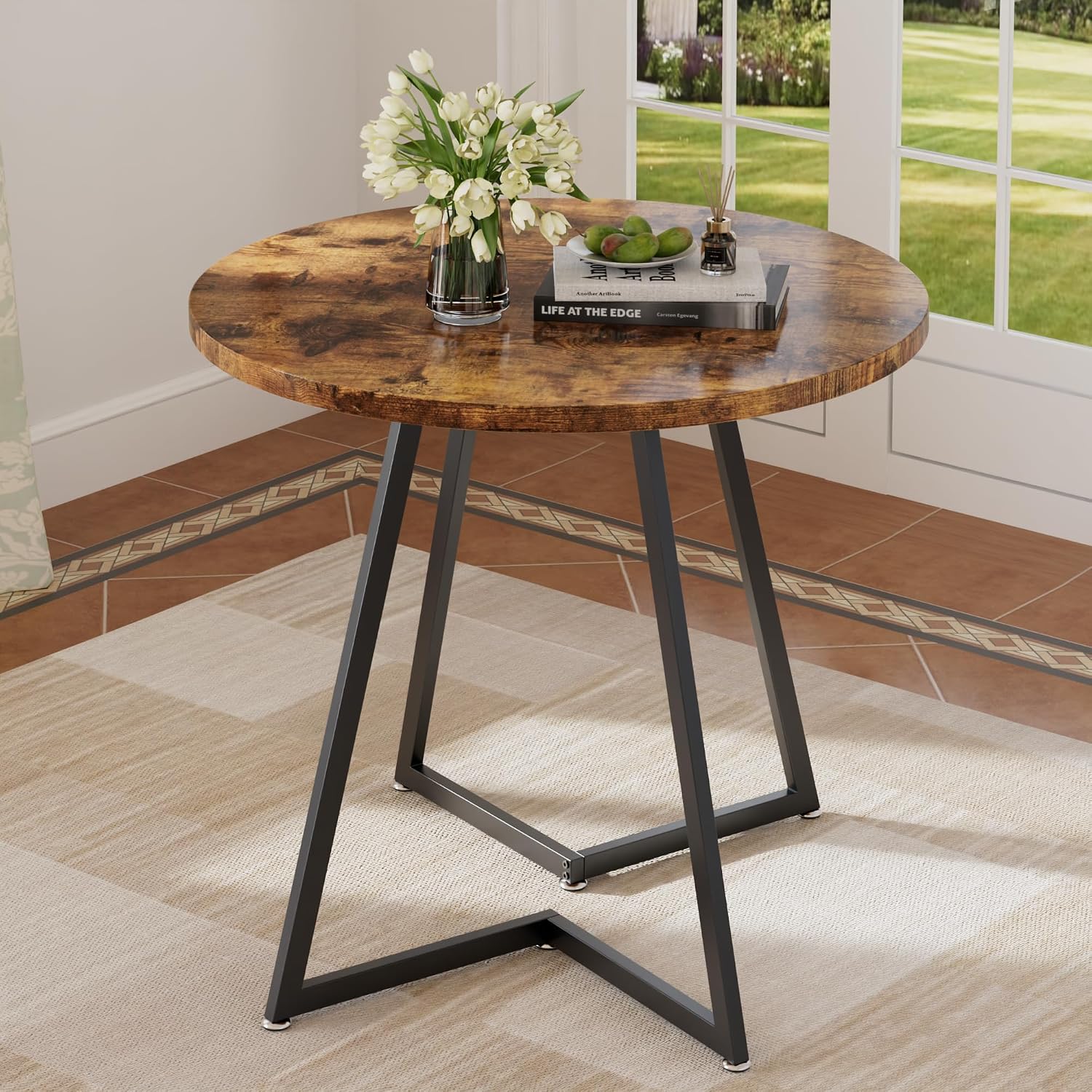 VECELO Round Dining Room Table with Wood Grain Tabletop and Steel Frame