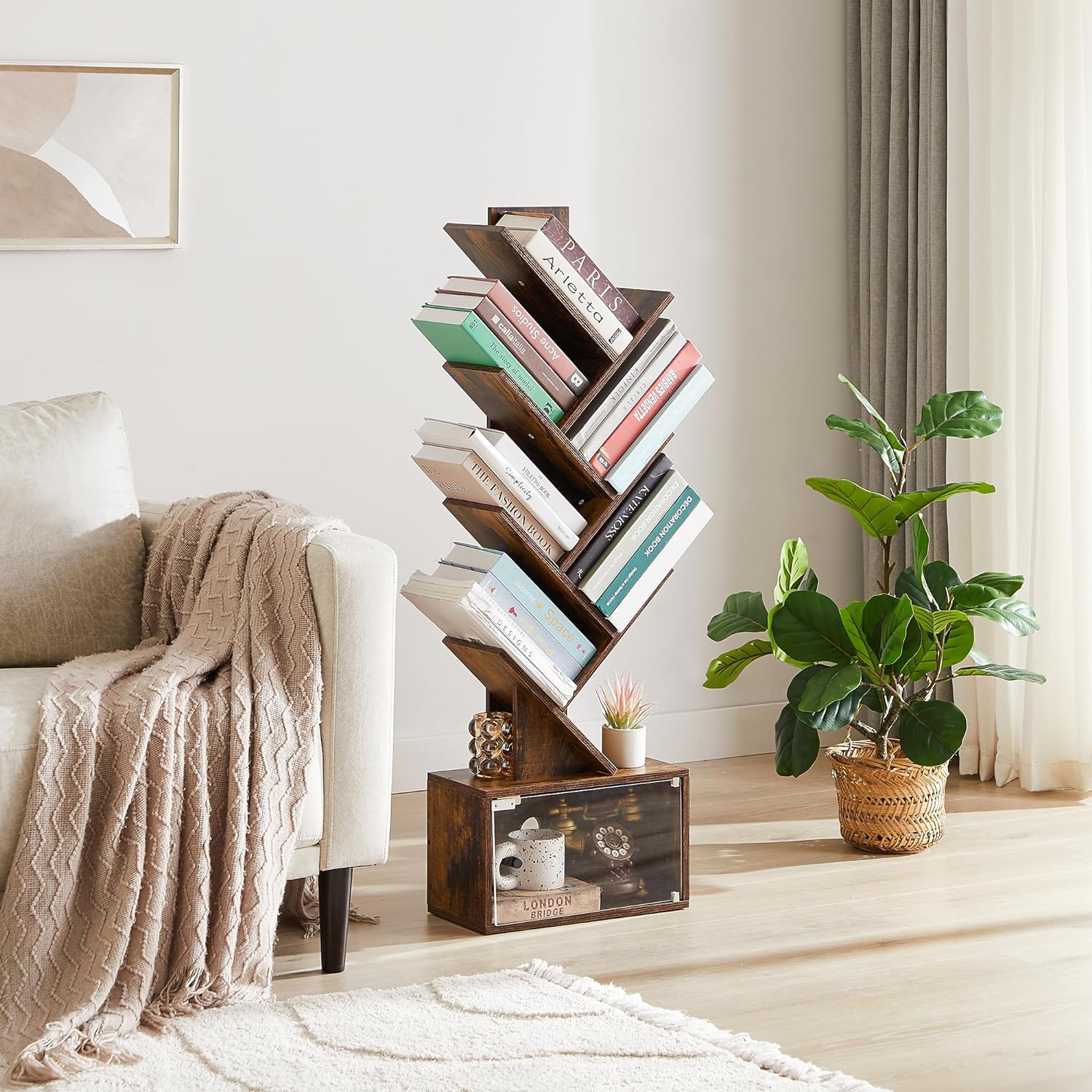 VECELO Tree Bookshelf, 7-Tier Tree Bookcase Wood Shelves Display with Storage Cabinet