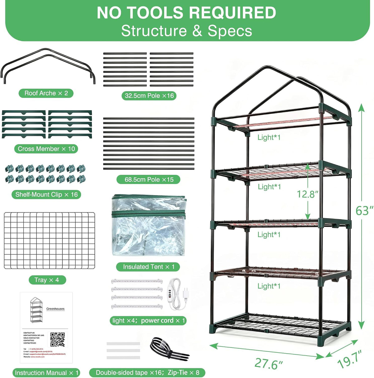 VECELO 4-Tier Greenhouse with LED Grow Light Portable Plant Green House